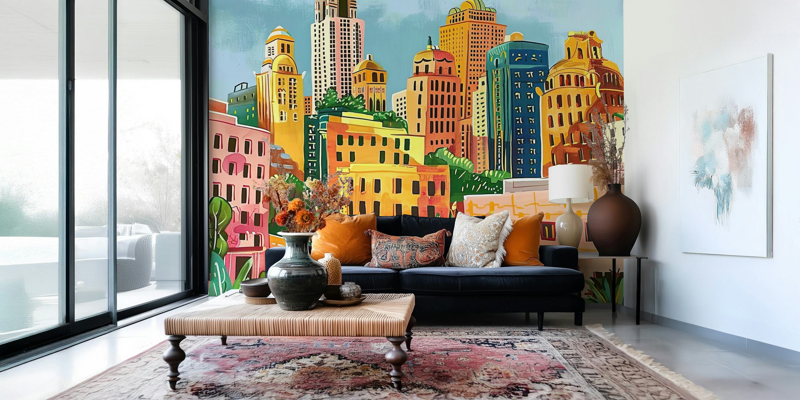 Carta da parati paesaggio urbano con edifici colorati