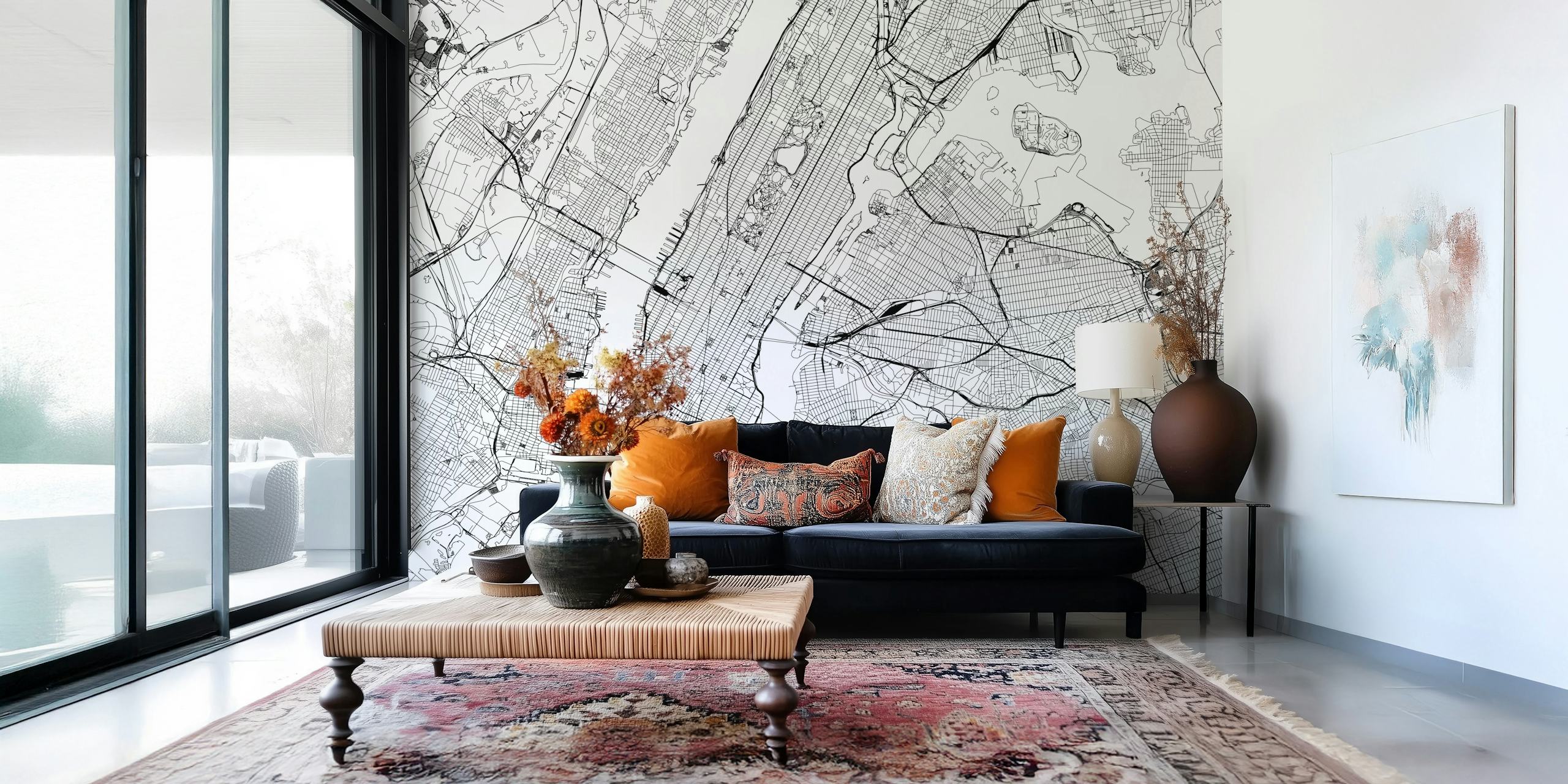 Black and white New York City map wallpaper featuring streets and neighborhoods