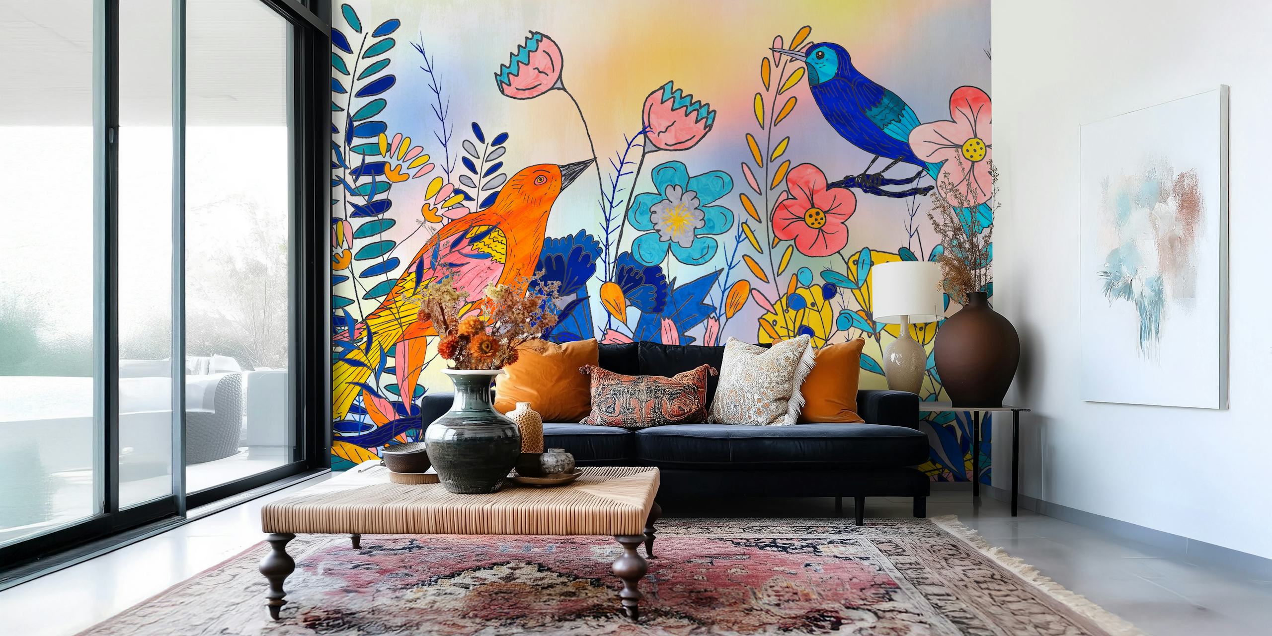 Papel de parede Whimsical Garden Birds and Blooms em um quarto