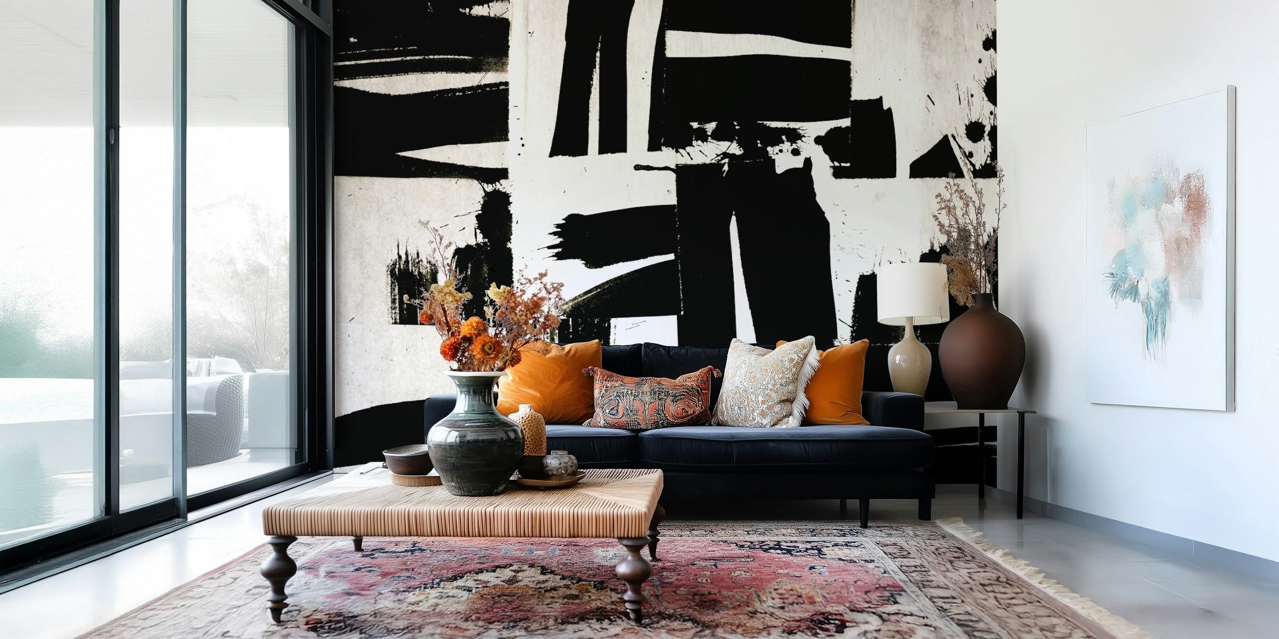 Wabi Sabi collage wallpaper in modern room