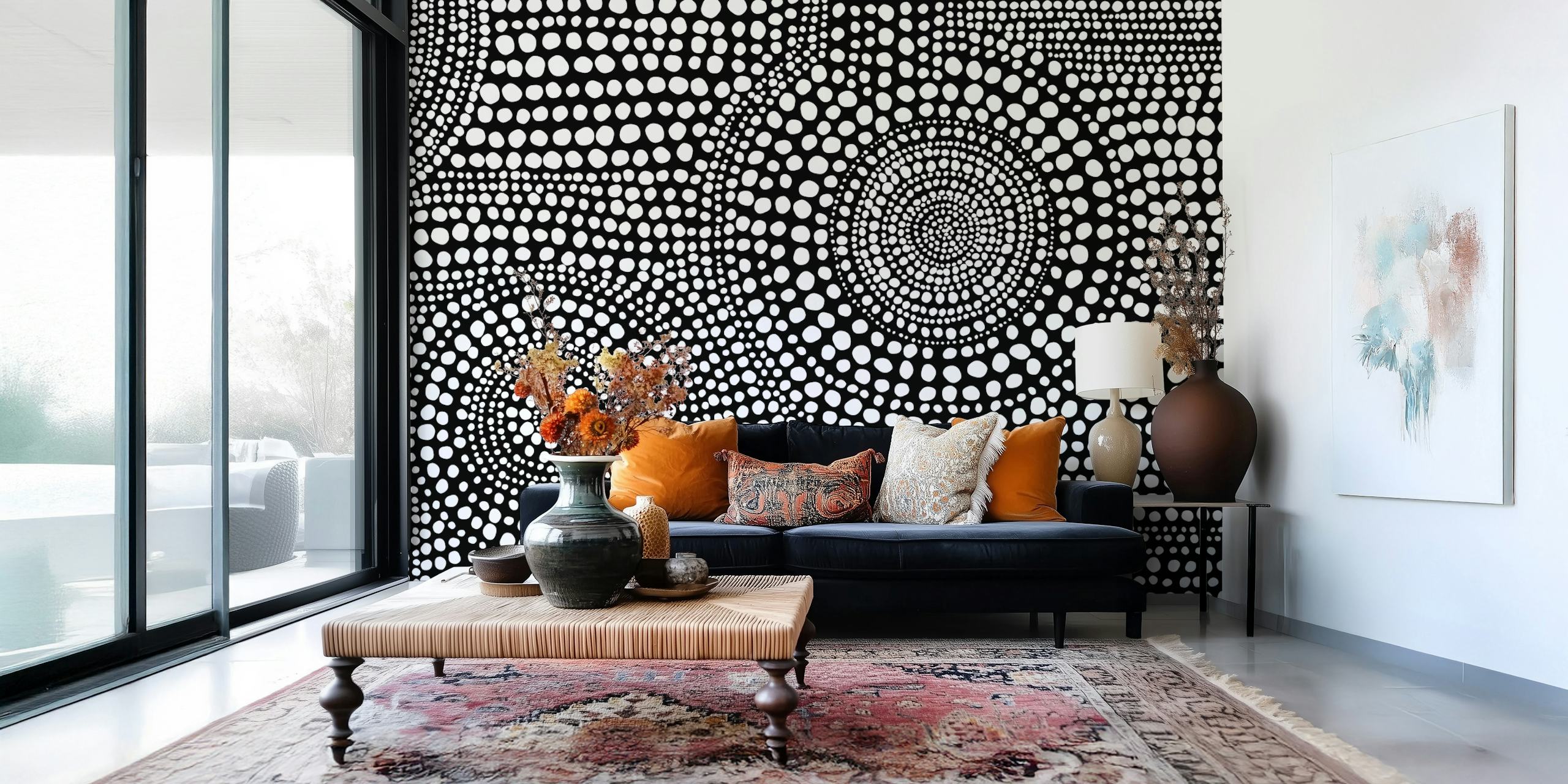 Black and white dotted pattern wallpaper featuring circular and abstract designs