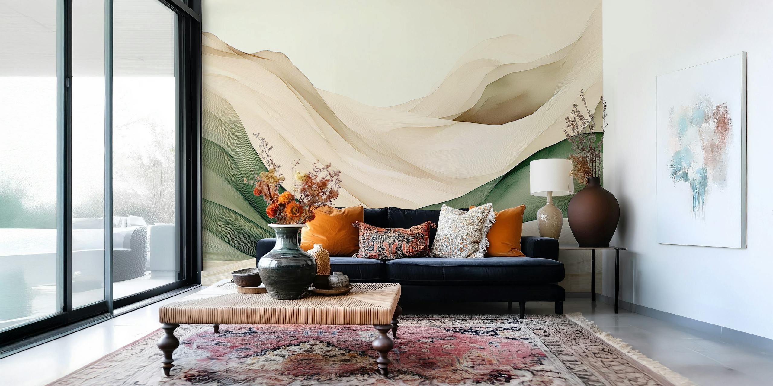 Abstract flowing waves in green, beige, and cream wallpaper