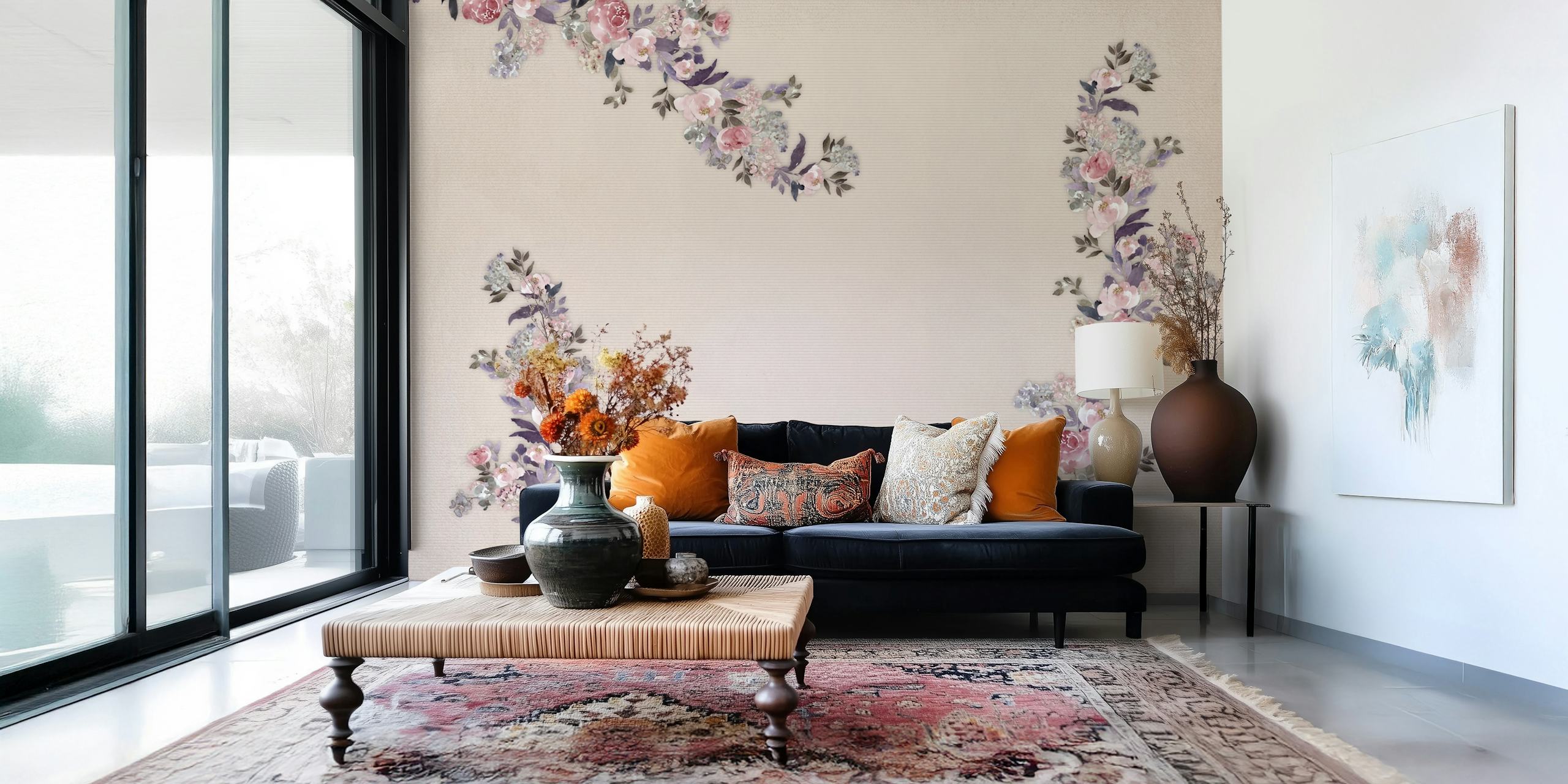 Climbing roses and floral motifs in soft beige wallpaper
