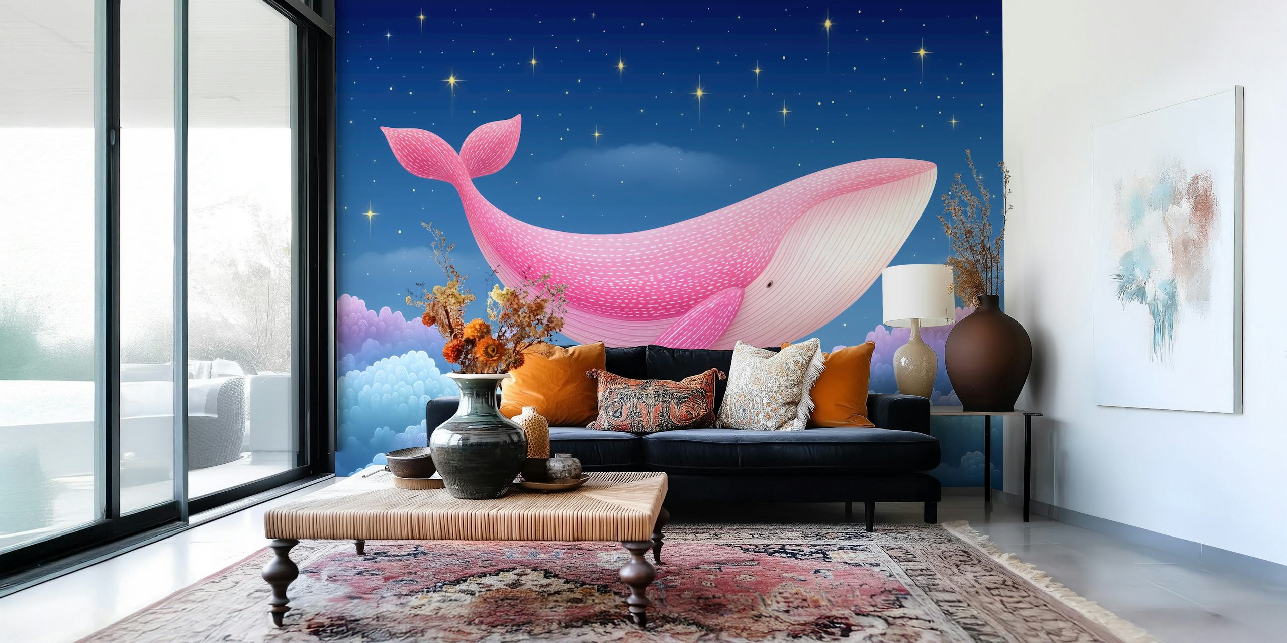 Dreamy Pink Whale Voyage wallpaper in a room