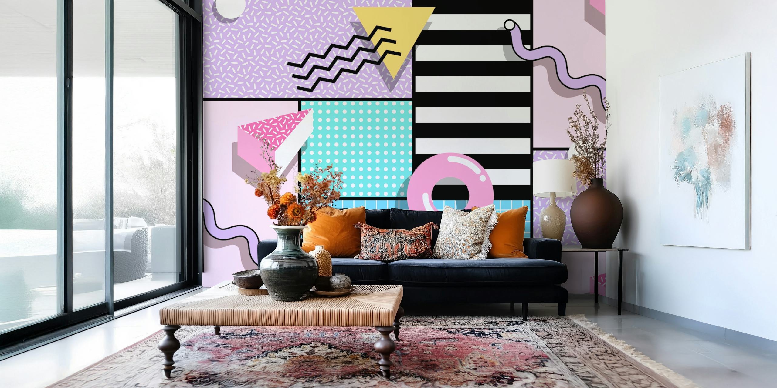 Colorful geometric patterns with pink, yellow, black, and blue in a retro style wallpaper
