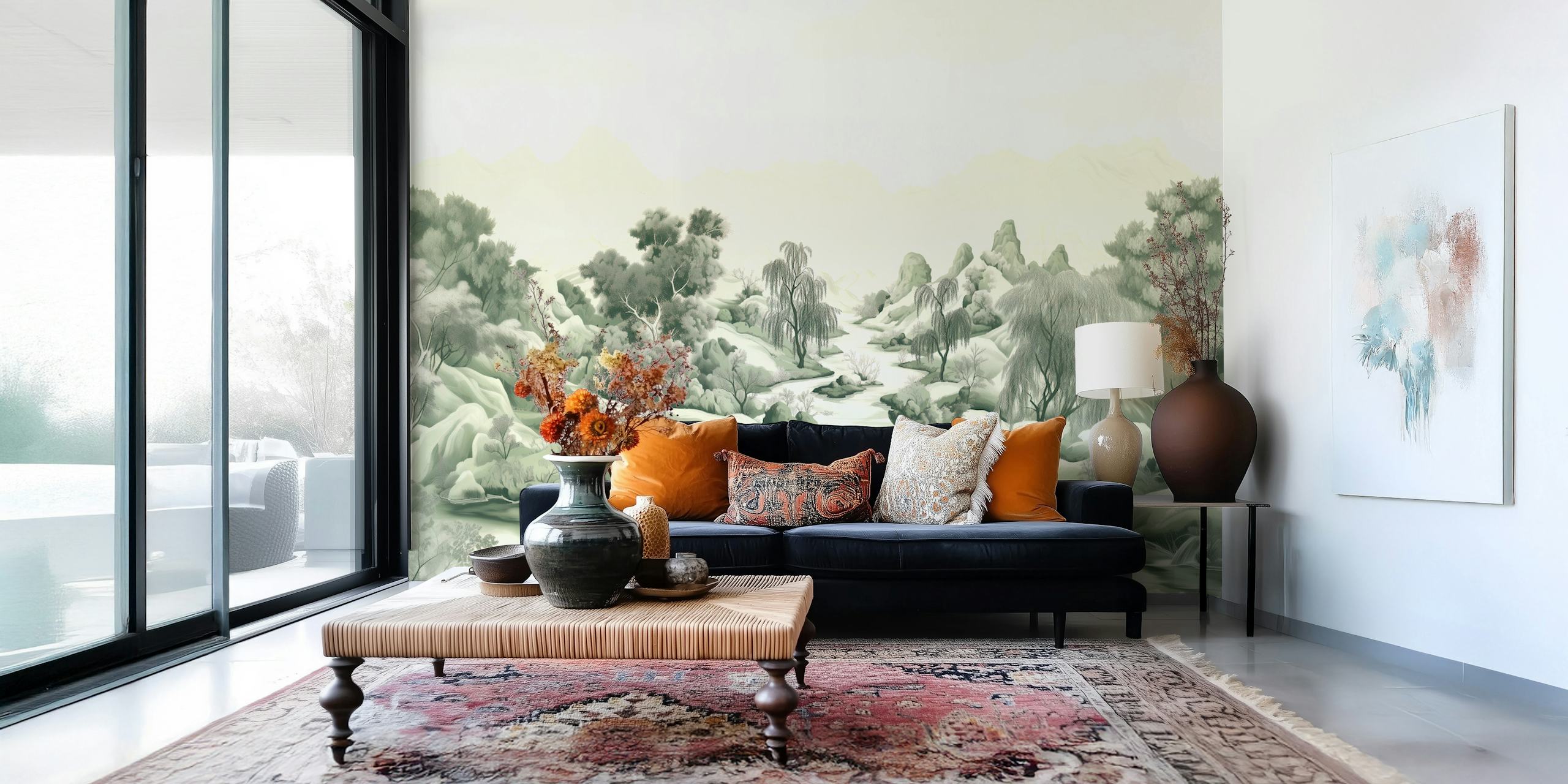 Lush river valley landscape with greenery and mountains wallpaper