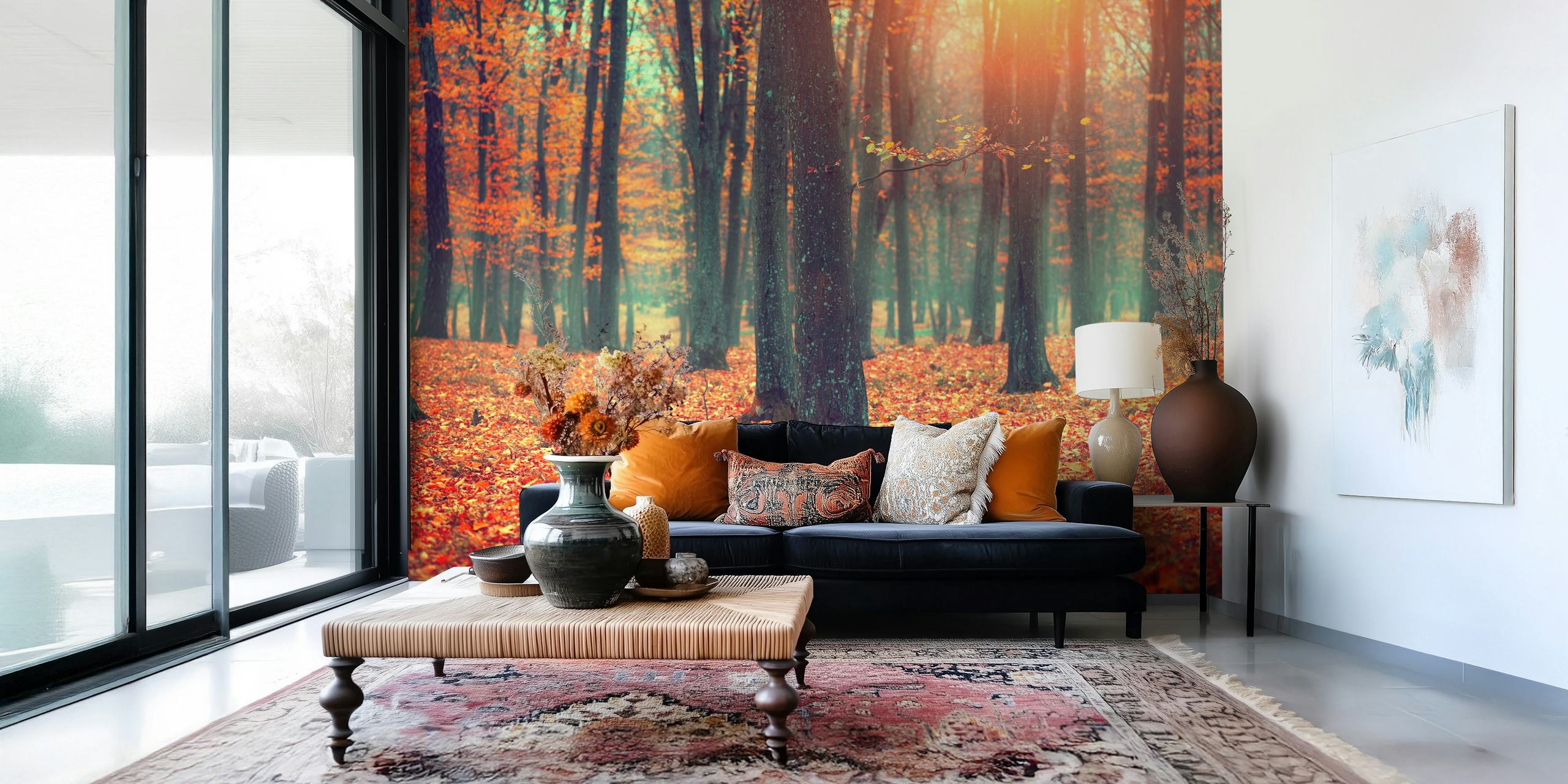 Autumn-themed wallpaper in a room