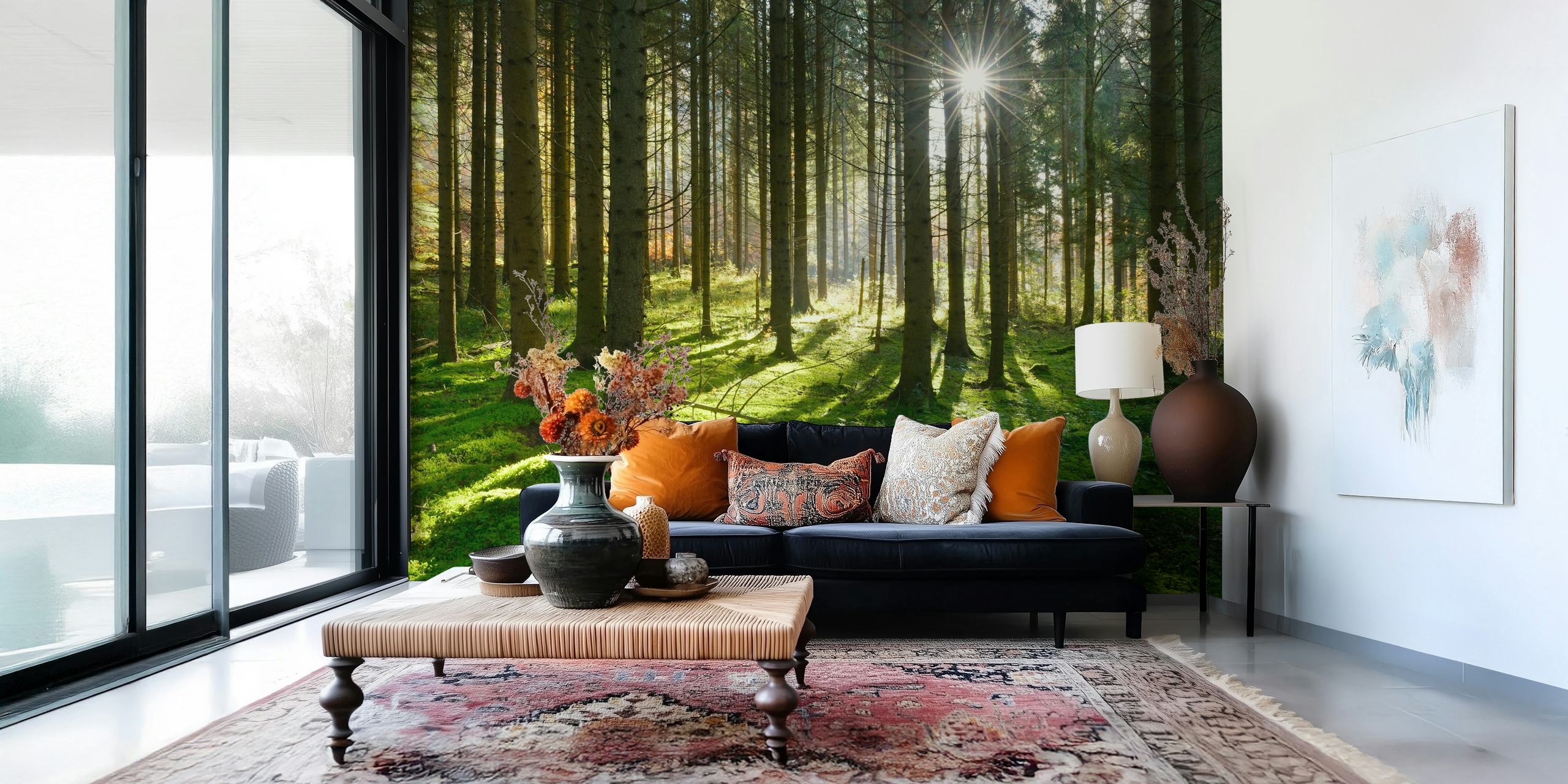 Sunbeams in the woods tapet i ett rum