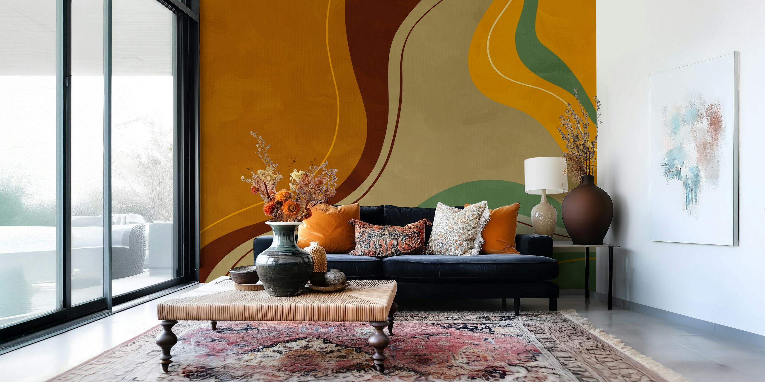 Papel de parede Bold Abstract Statement Sunset em um quarto
