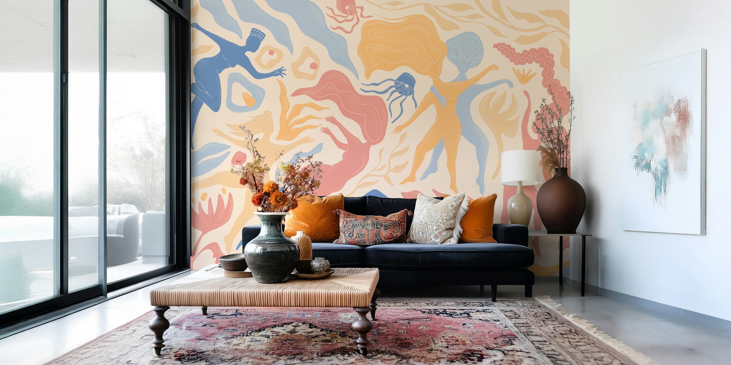 Abstract figures in pastel pink, blue, and yellow dancing wallpaper