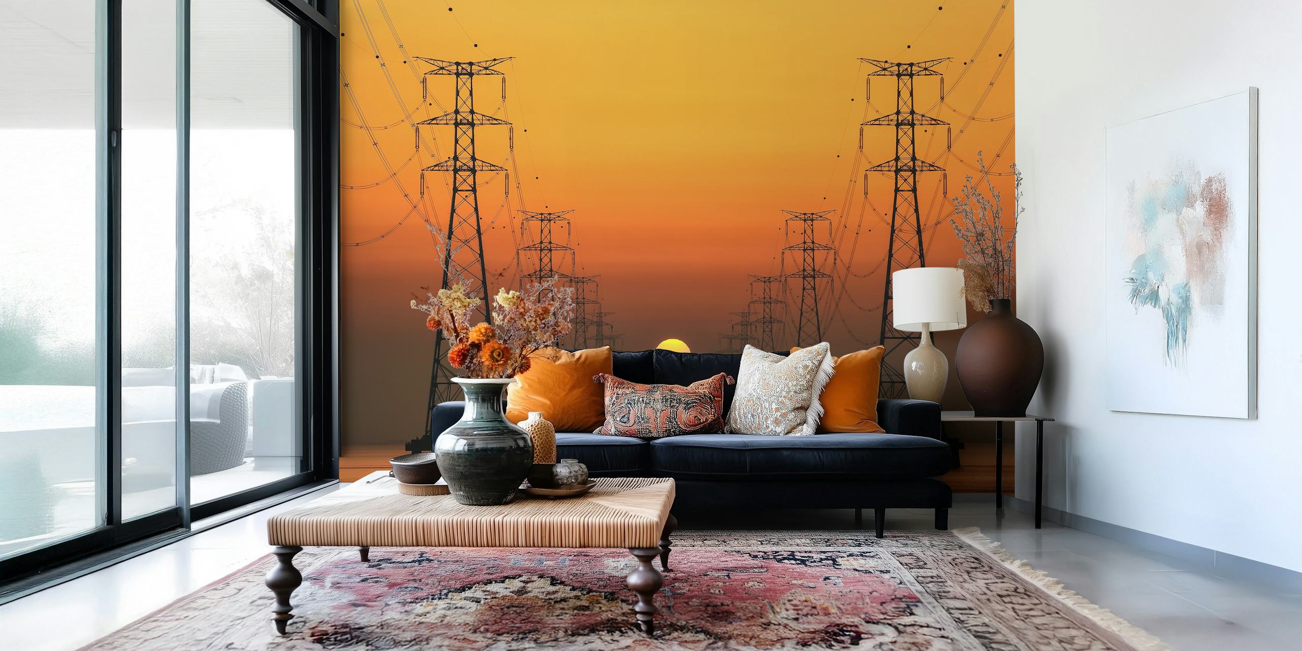 Power line wallpaper with sunset background