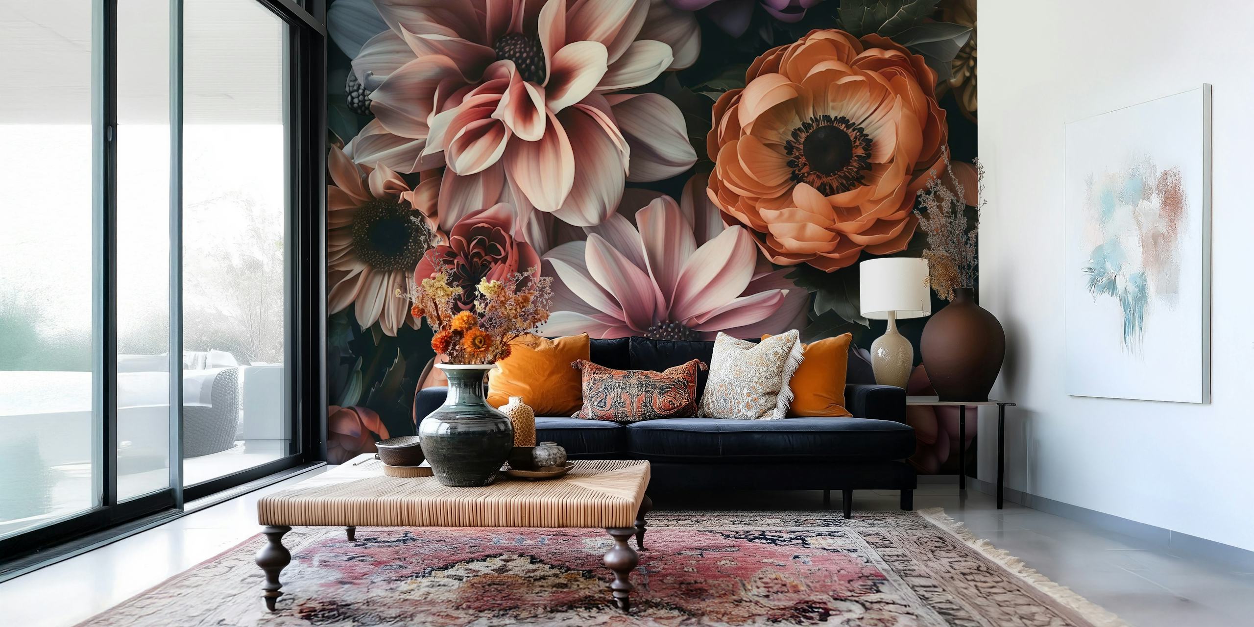 Dark floral design with soft pink and orange flowers, wallpaper