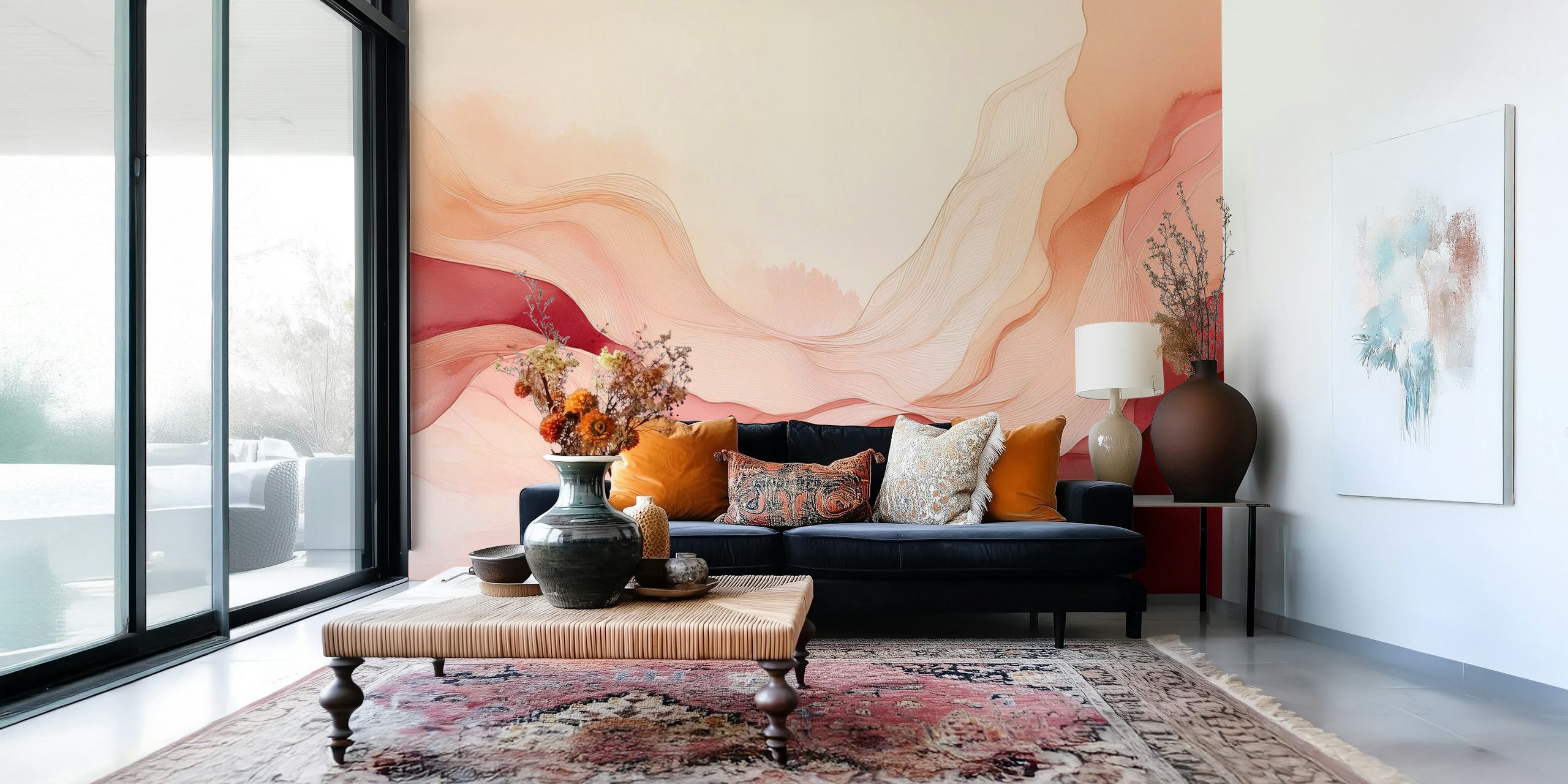 Serene blush waves wallpaper in a room