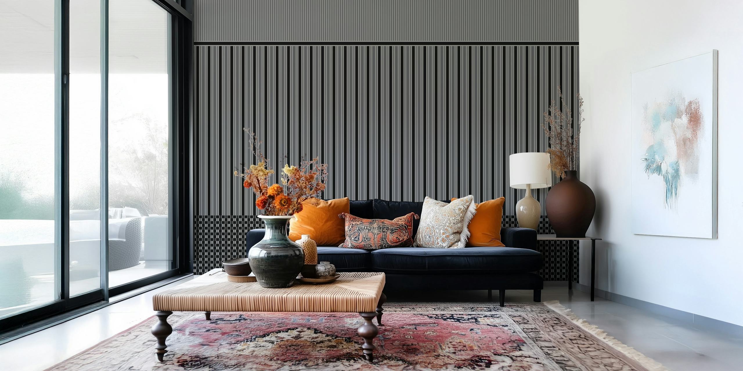 Papel de parede Heritage panel stripes em preto e cinza