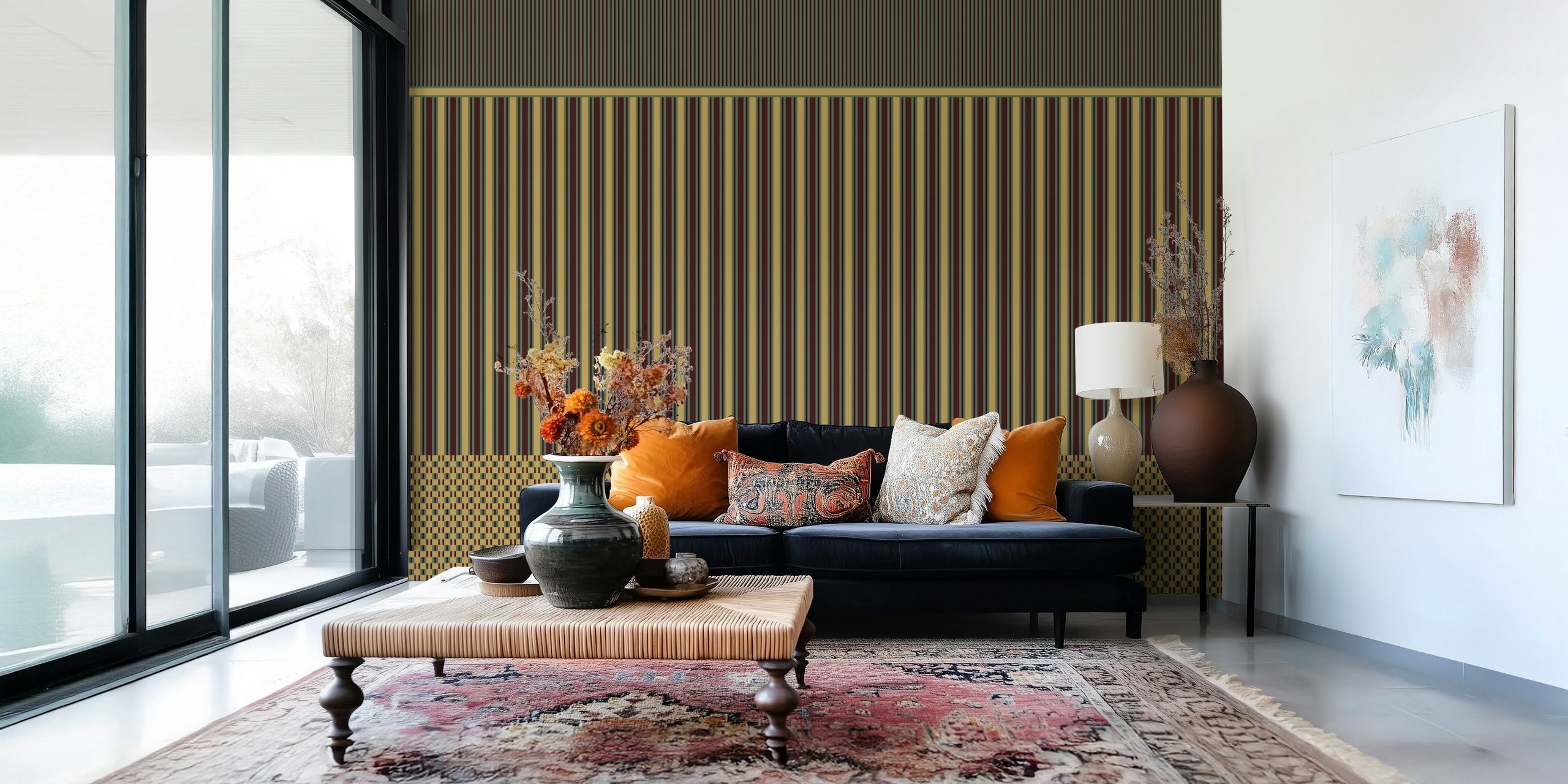 Green striped wallpaper with honey gold geometric patterns