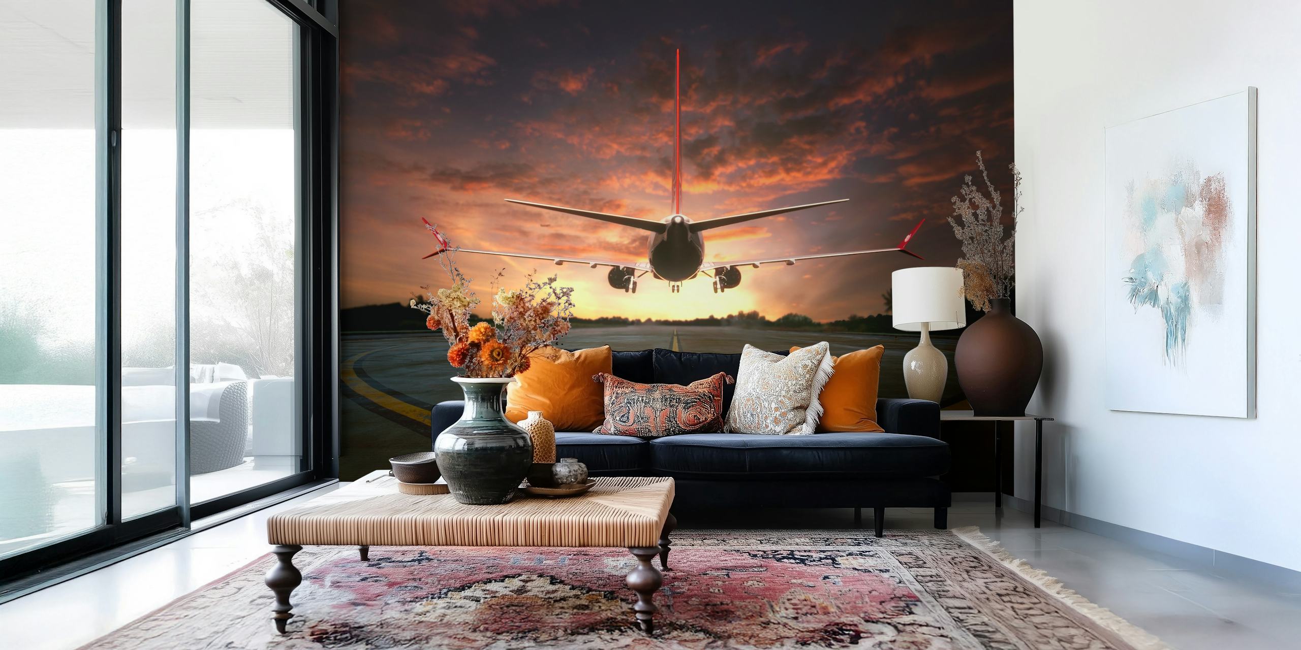 Airplane taking off against a sunset backdrop, orange and purple hues, stunning wallpaper