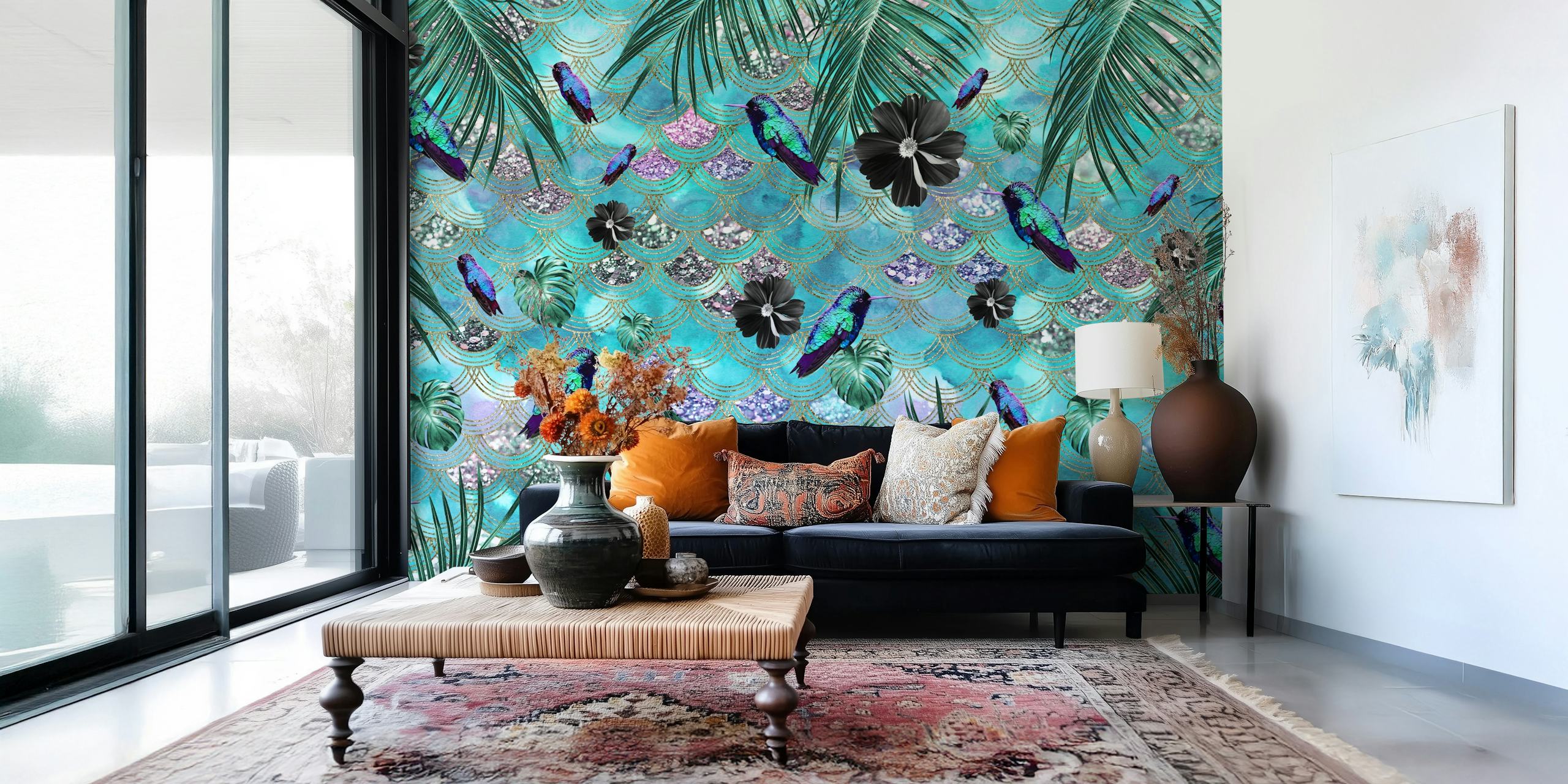 Tropical jungle design with colorful scales, birds, and foliage wallpaper