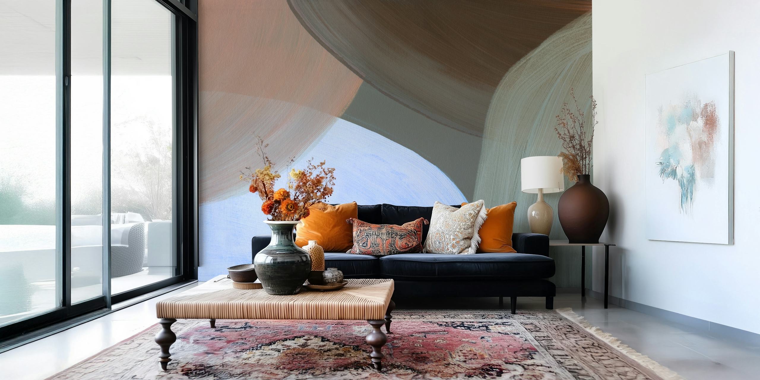Abstract shapes in muted tones of brown, gray, and blue wallpaper