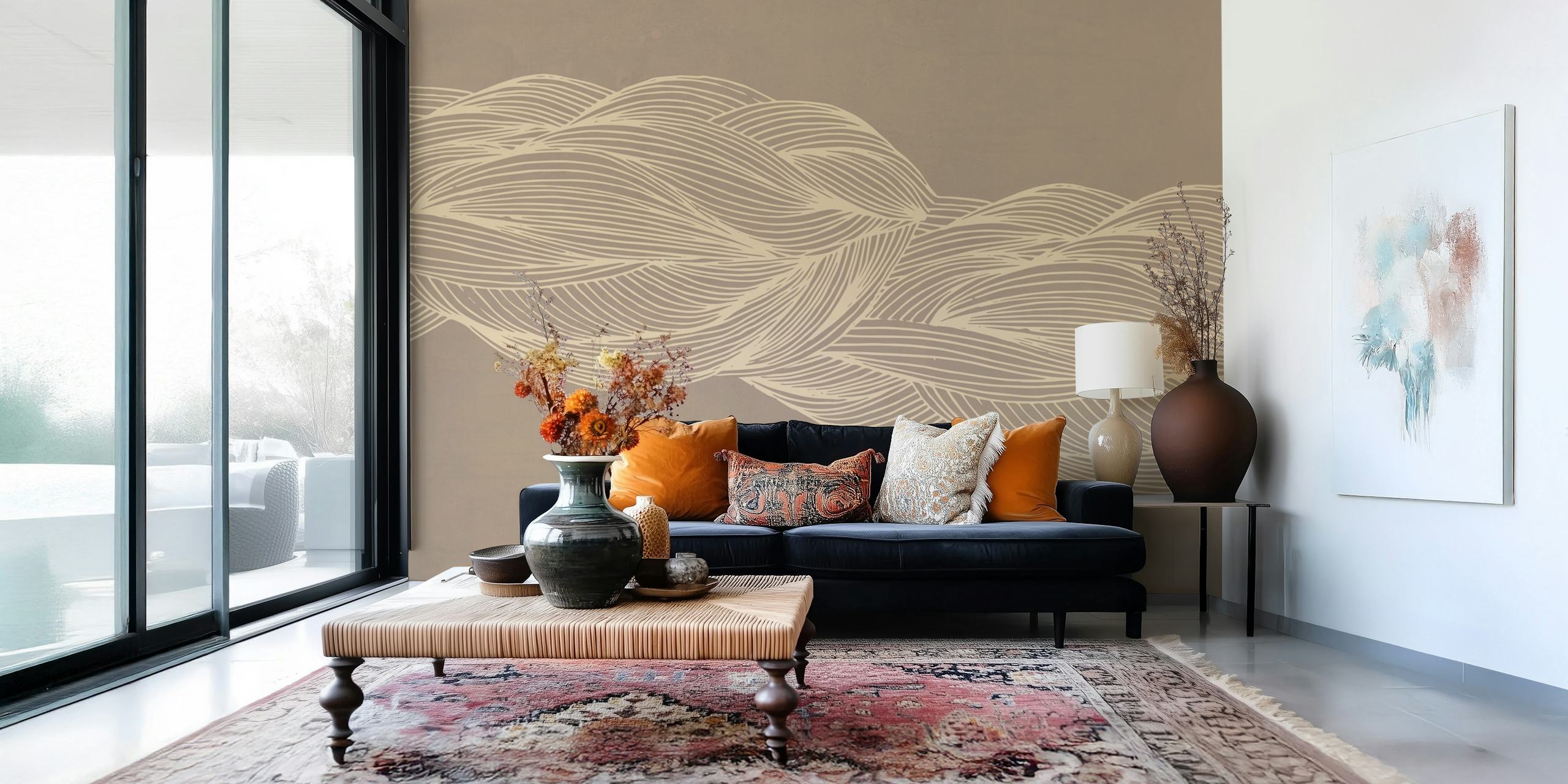 Interlacing in beige wallpaper displayed in a room