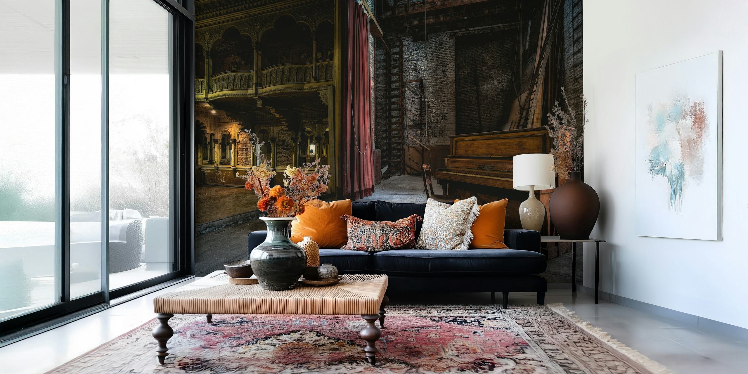 Vintage theater interior with wood piano, red curtains, and aged walls wallpaper