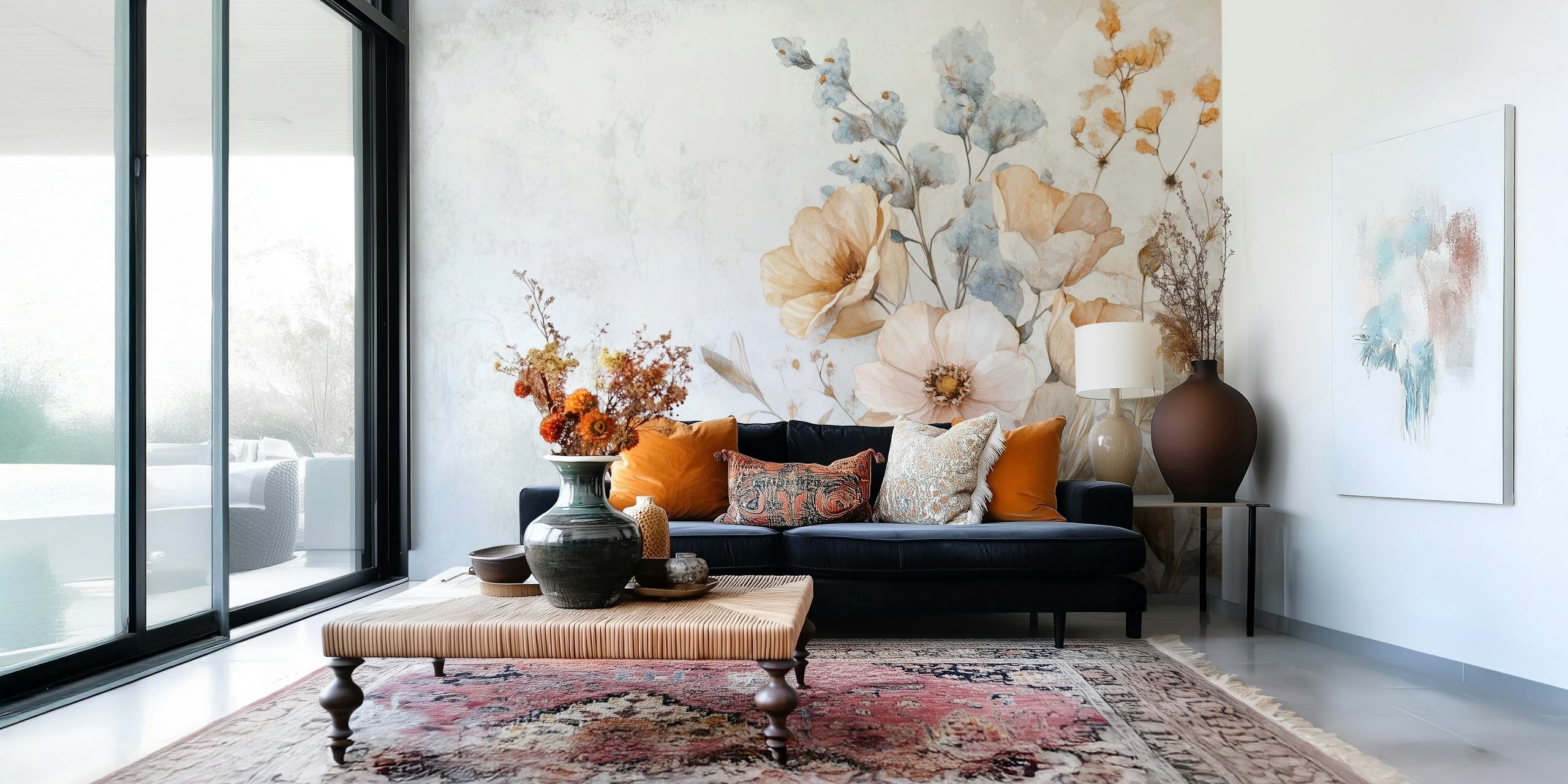 Zachte bloemen in aardetinten op lichte achtergrond wallpaper