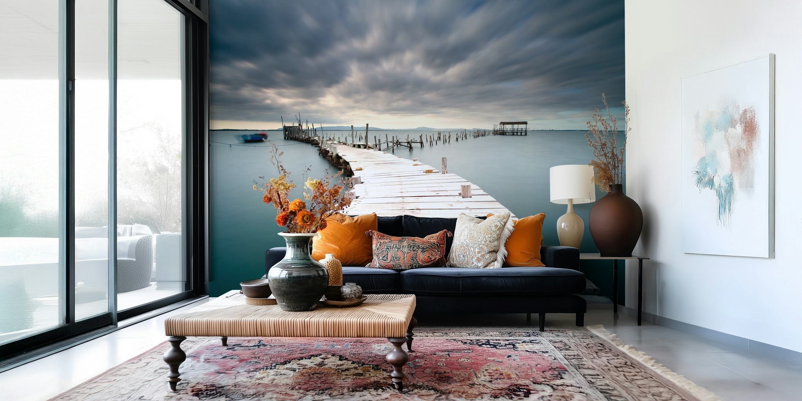 Serene wooden pier wall mural leading into calm waters under a twilight sky