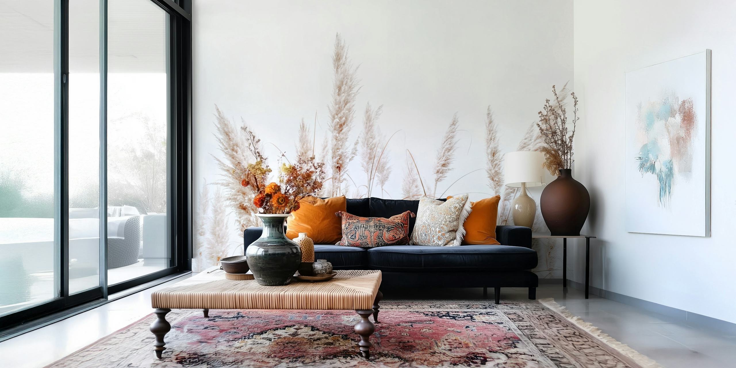 Clean White Pampas Grass behang in een kamer