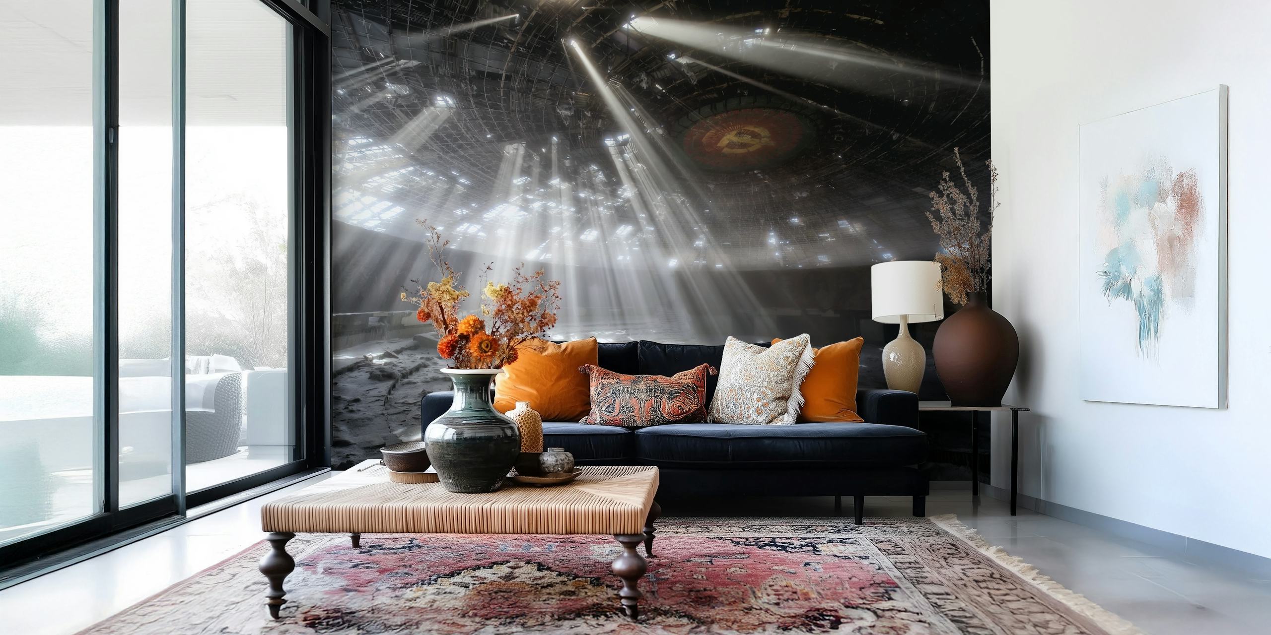 Buzludzha wall mural depicting light rays in an abandoned building