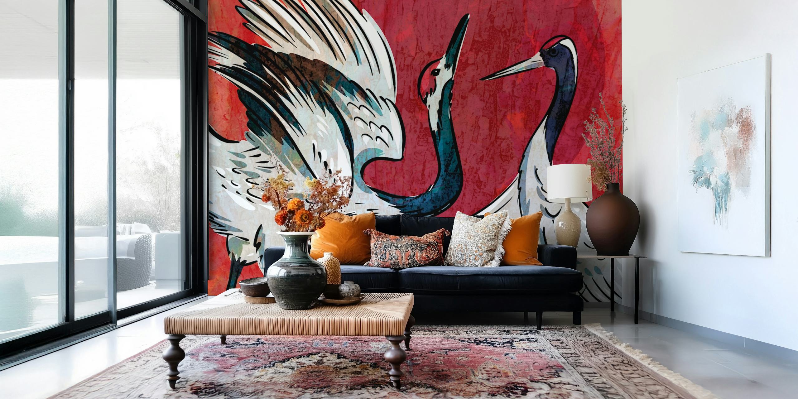 Two Japanese cranes with a red textured background wallpaper