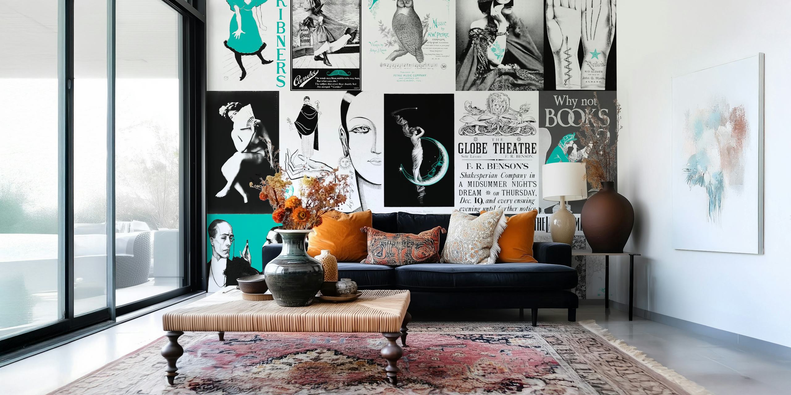 Vintage art collage in turquoise and black wallpaper