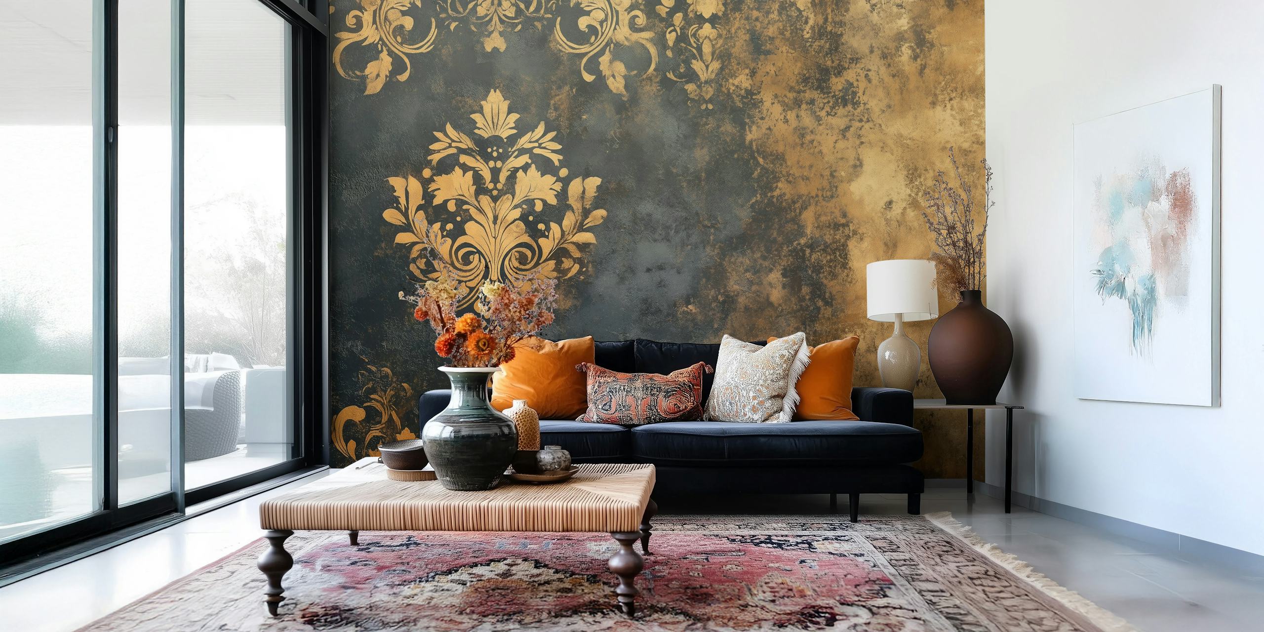Tapeta Antique Elegance Gold vystavená v místnosti