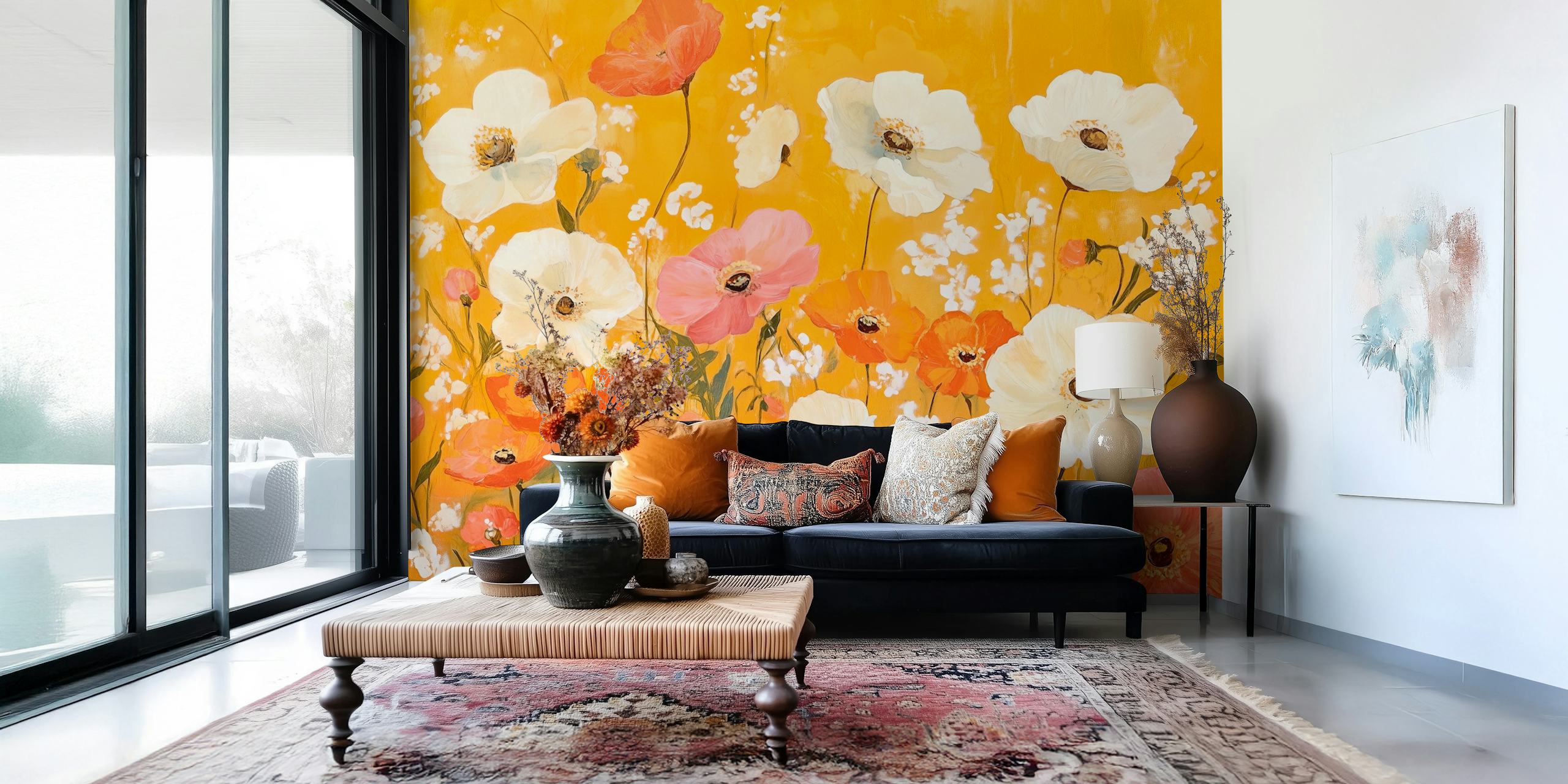 Bright floral wallpaper featuring pink and white flowers on a yellow background.