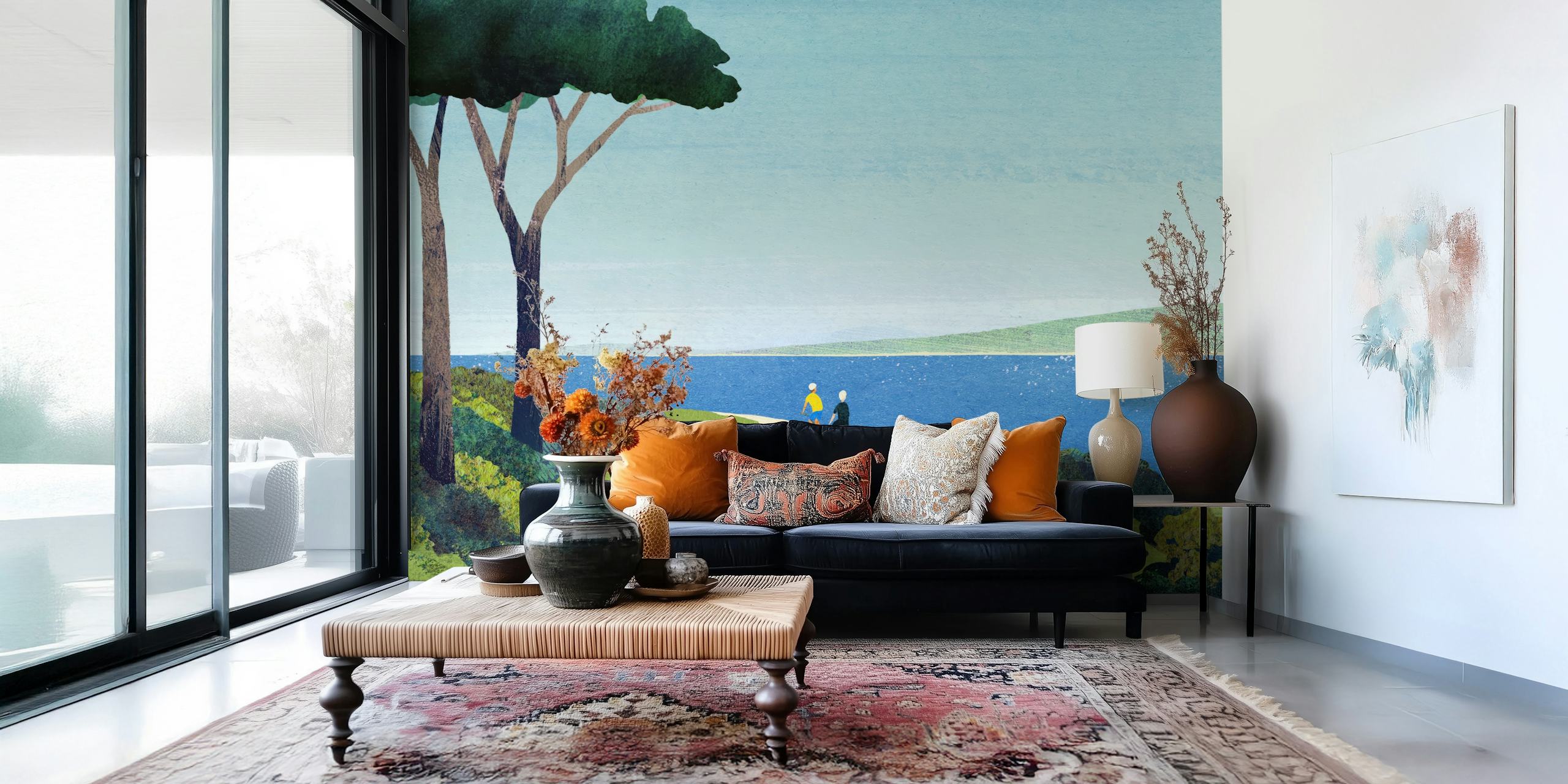 Cycling by the sea wallpaper in a room