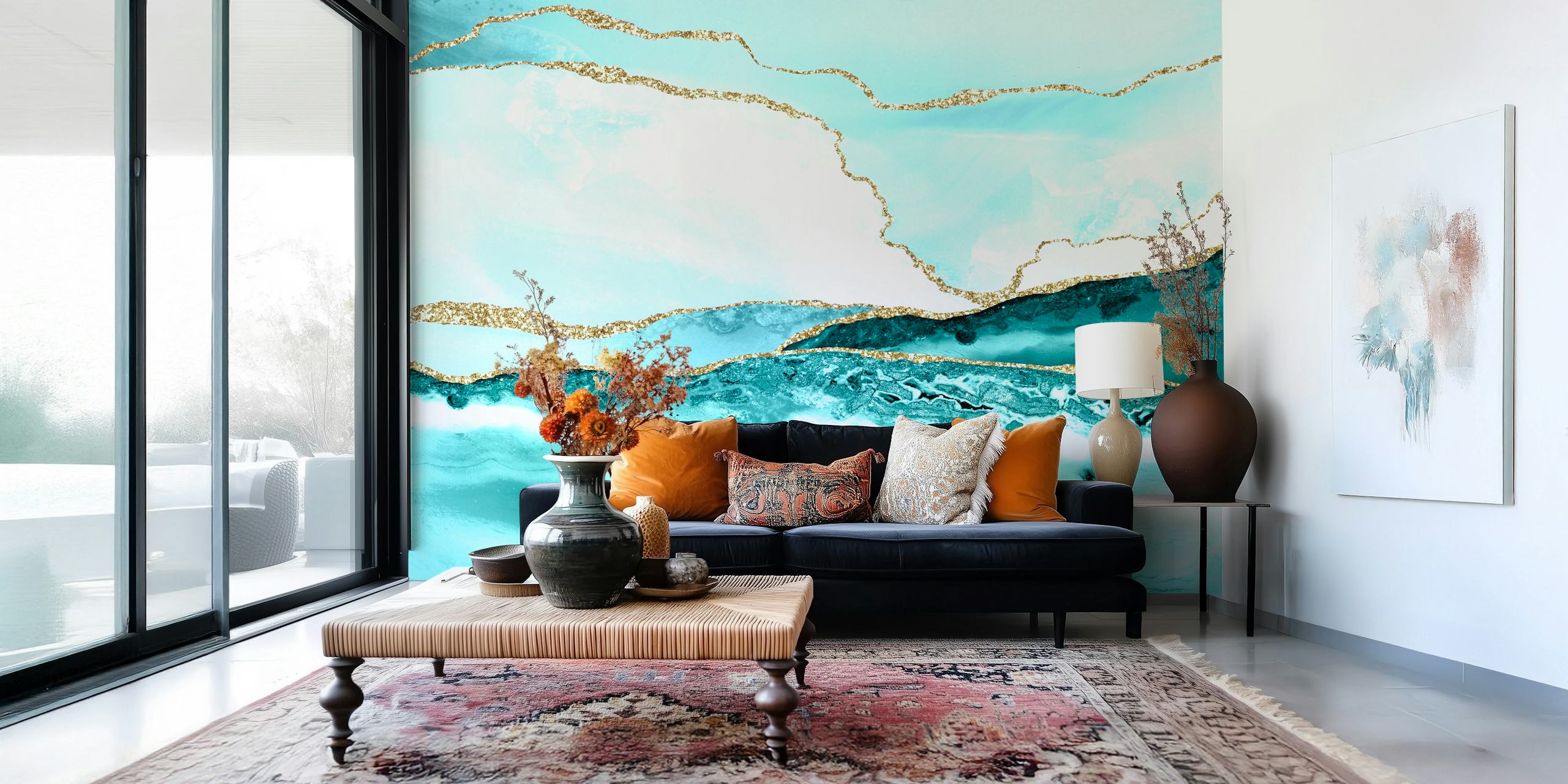 Teal marble wallpaper with silver veins and gold glitter accents