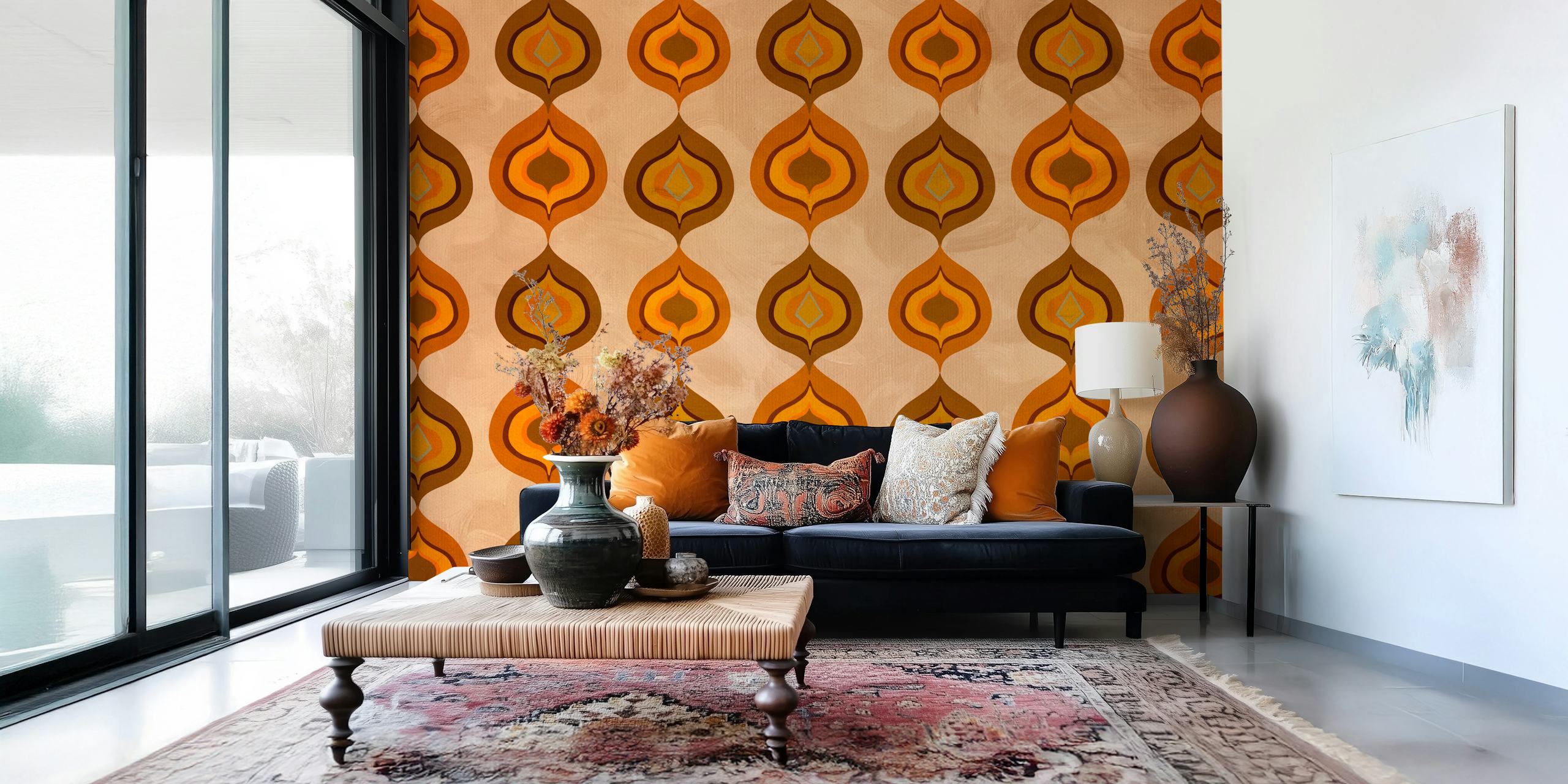 Vintage geometric wallpaper featuring yellow and brown leaf patterns