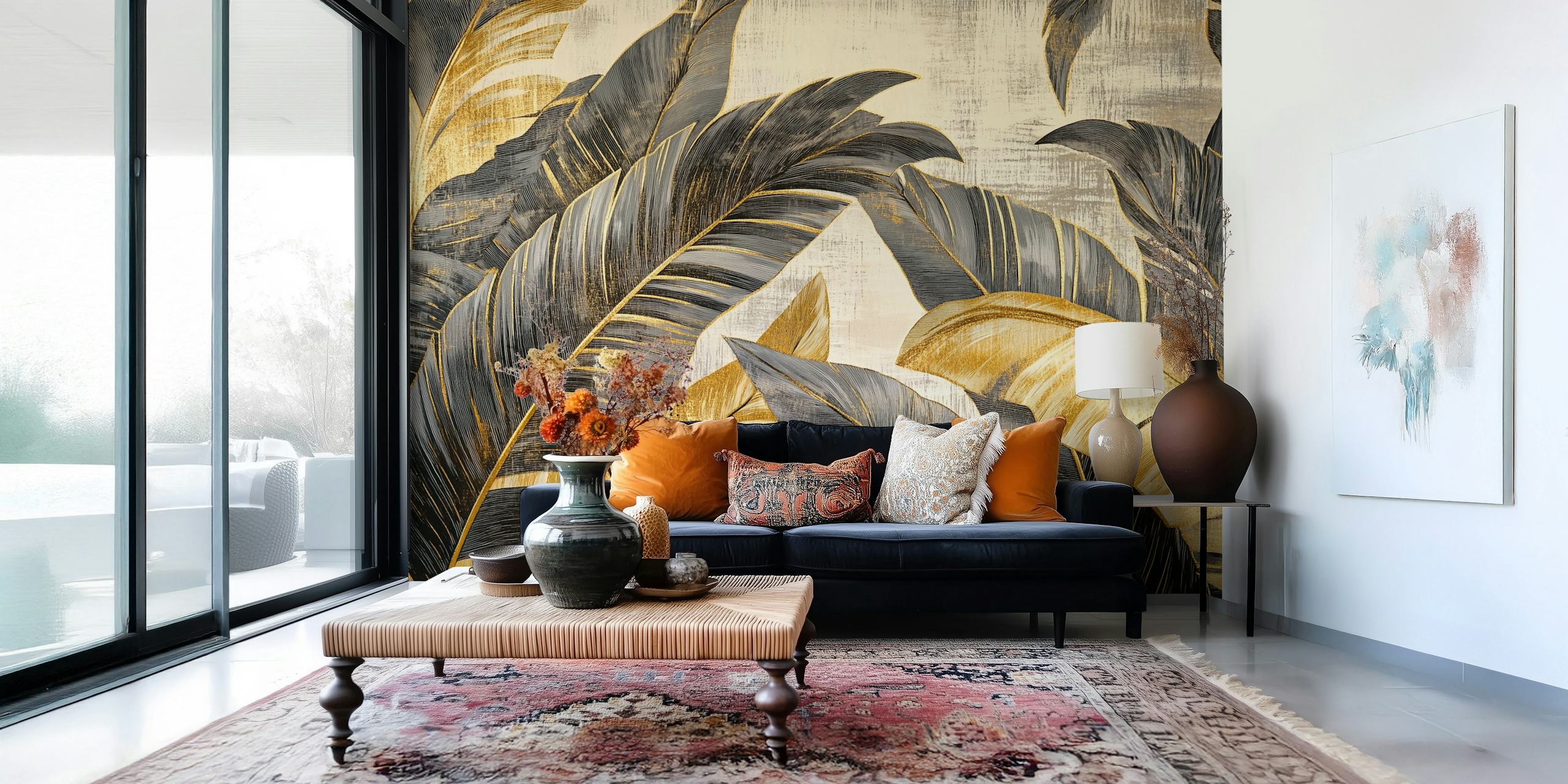 Tropical leaves in black and gold color scheme wallpaper