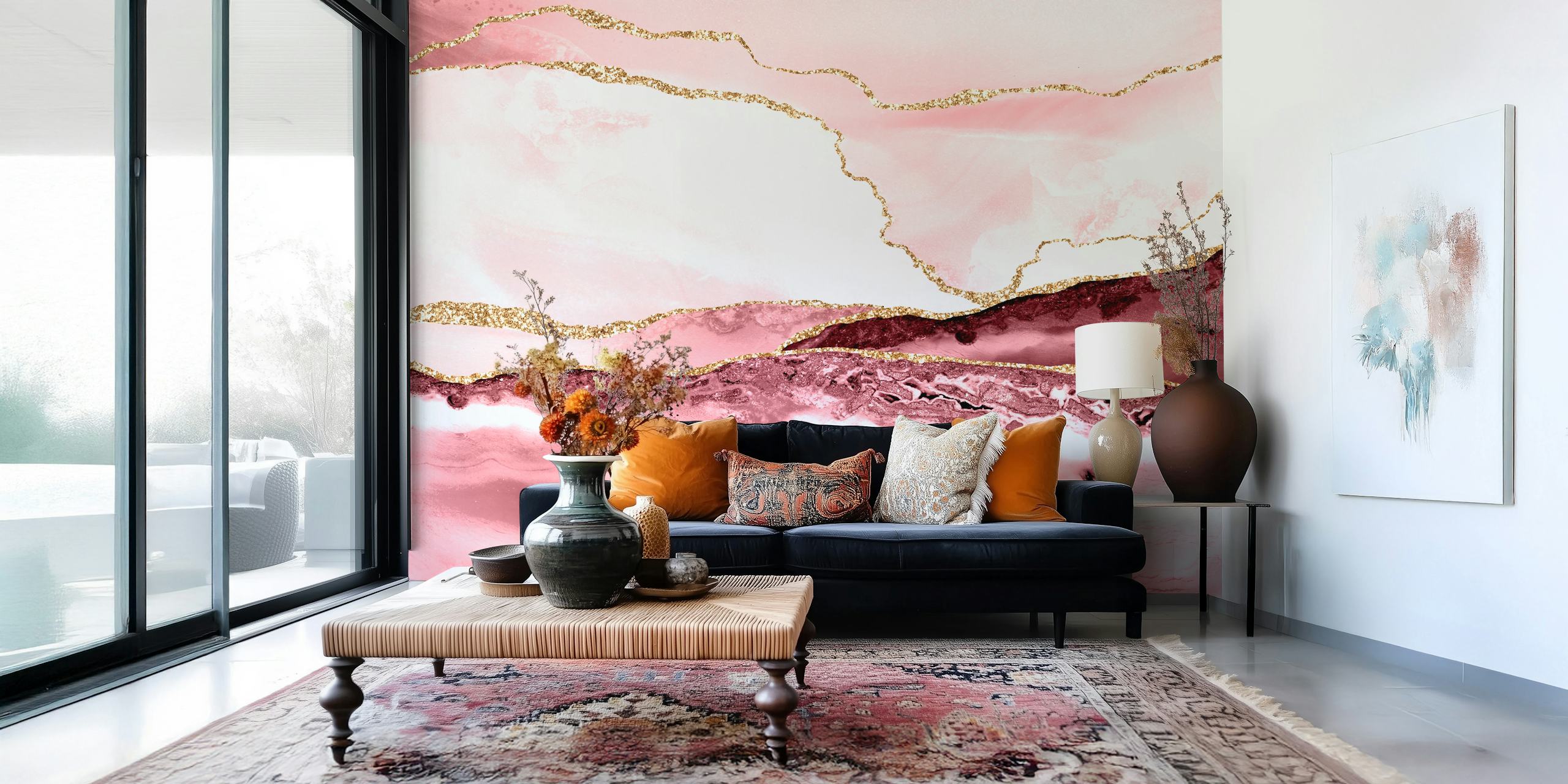 Pink marble waves with gold accents wallpaper