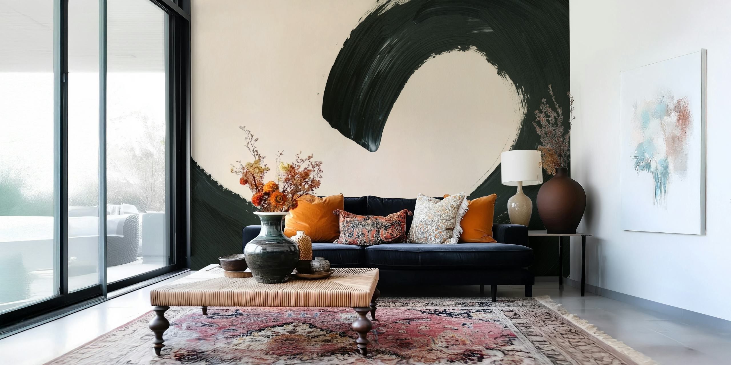 Schwarzes brushstroke wave wallpaper in einem Raum