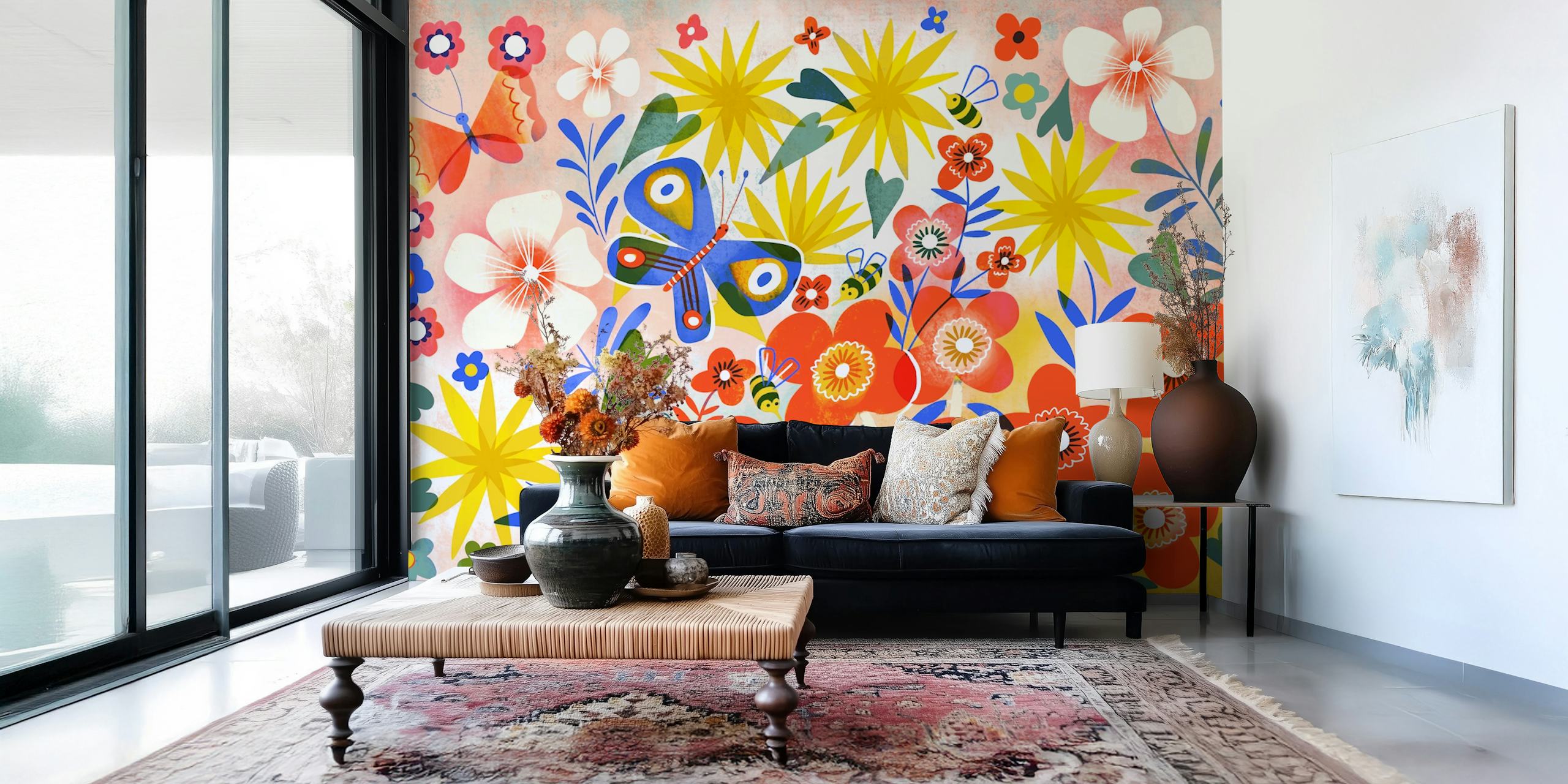 Colorful butterfly garden wallpaper in a room