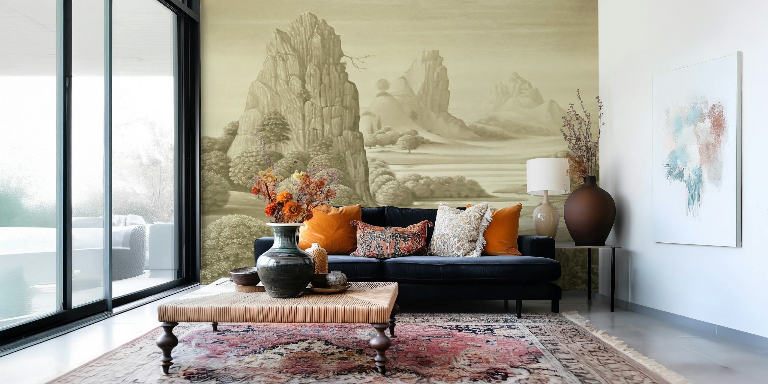 Peace River Valley (BW) sand wallpaper in a room