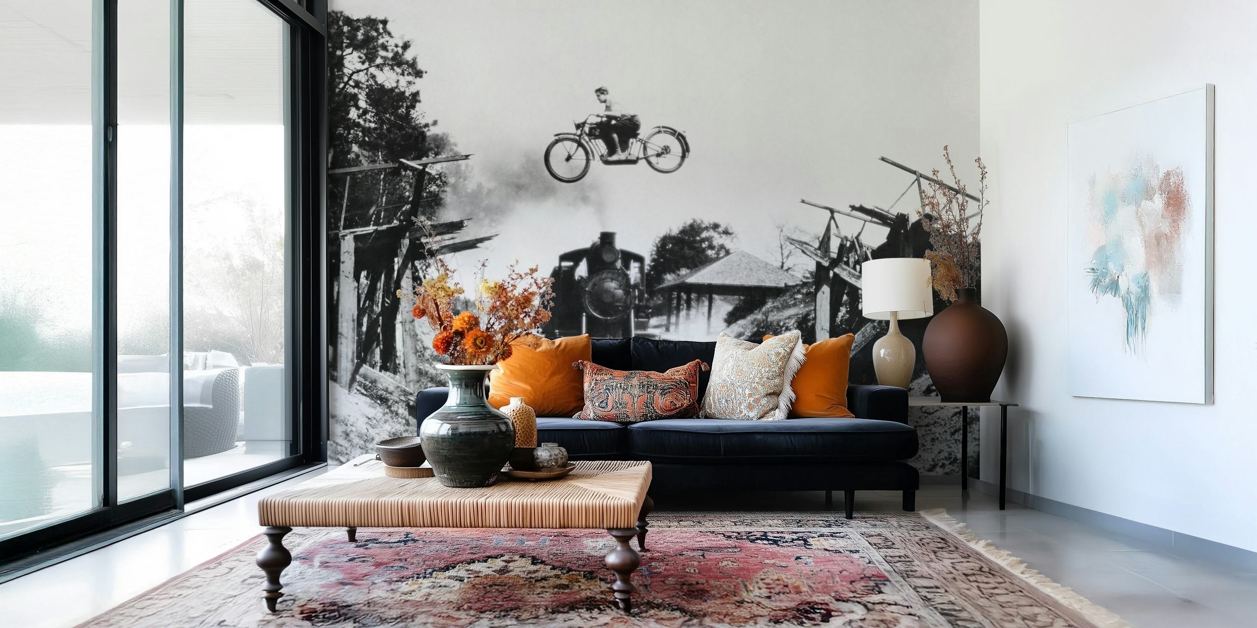 Vintage black and white motorcycle jump above a train wallpaper