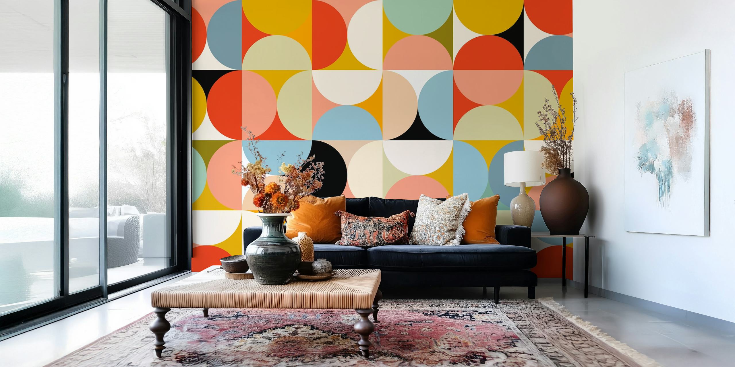 Colorful geometric shapes in red, blue, yellow, and black wallpaper