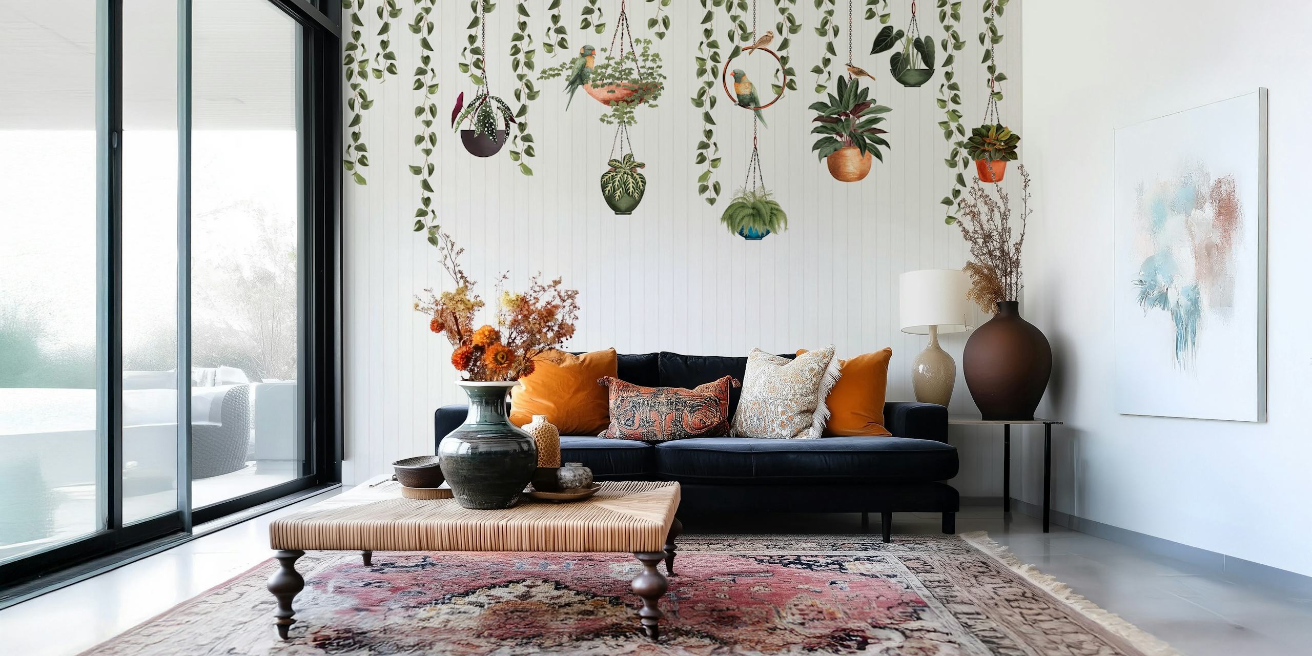 Wallpaper featuring lorikeets and hanging plants