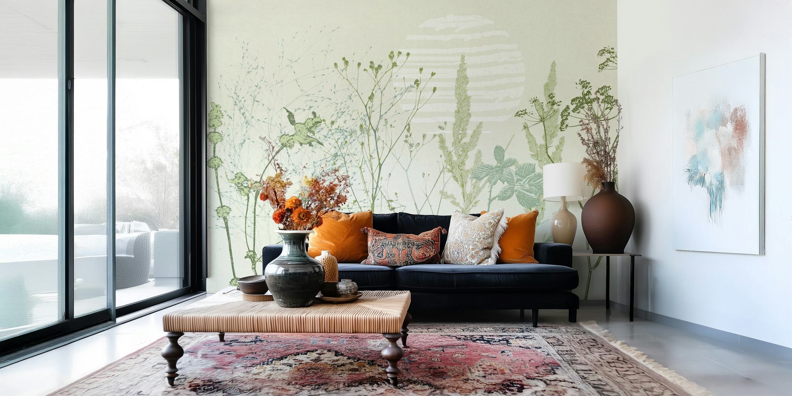 Natural green floral wallpaper featuring delicate botanical illustrations against a light background.
