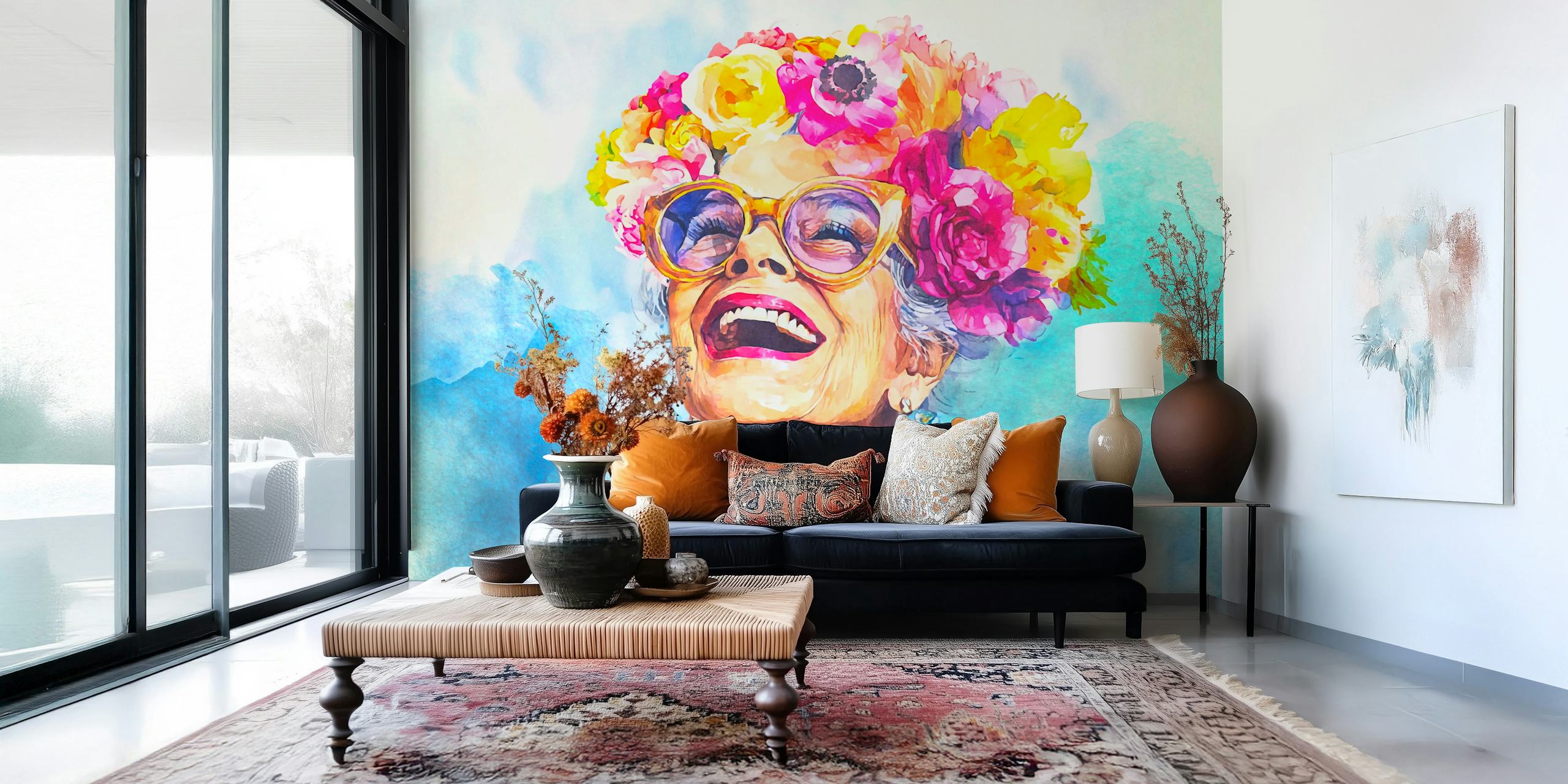 Colorful floral portrait of a smiling woman with glasses wallpaper