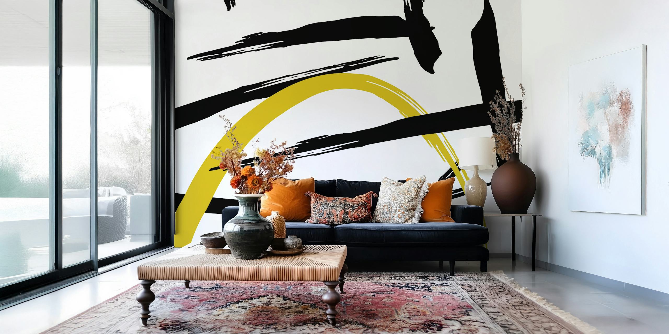 Abstract black and yellow strokes tapet i et rom