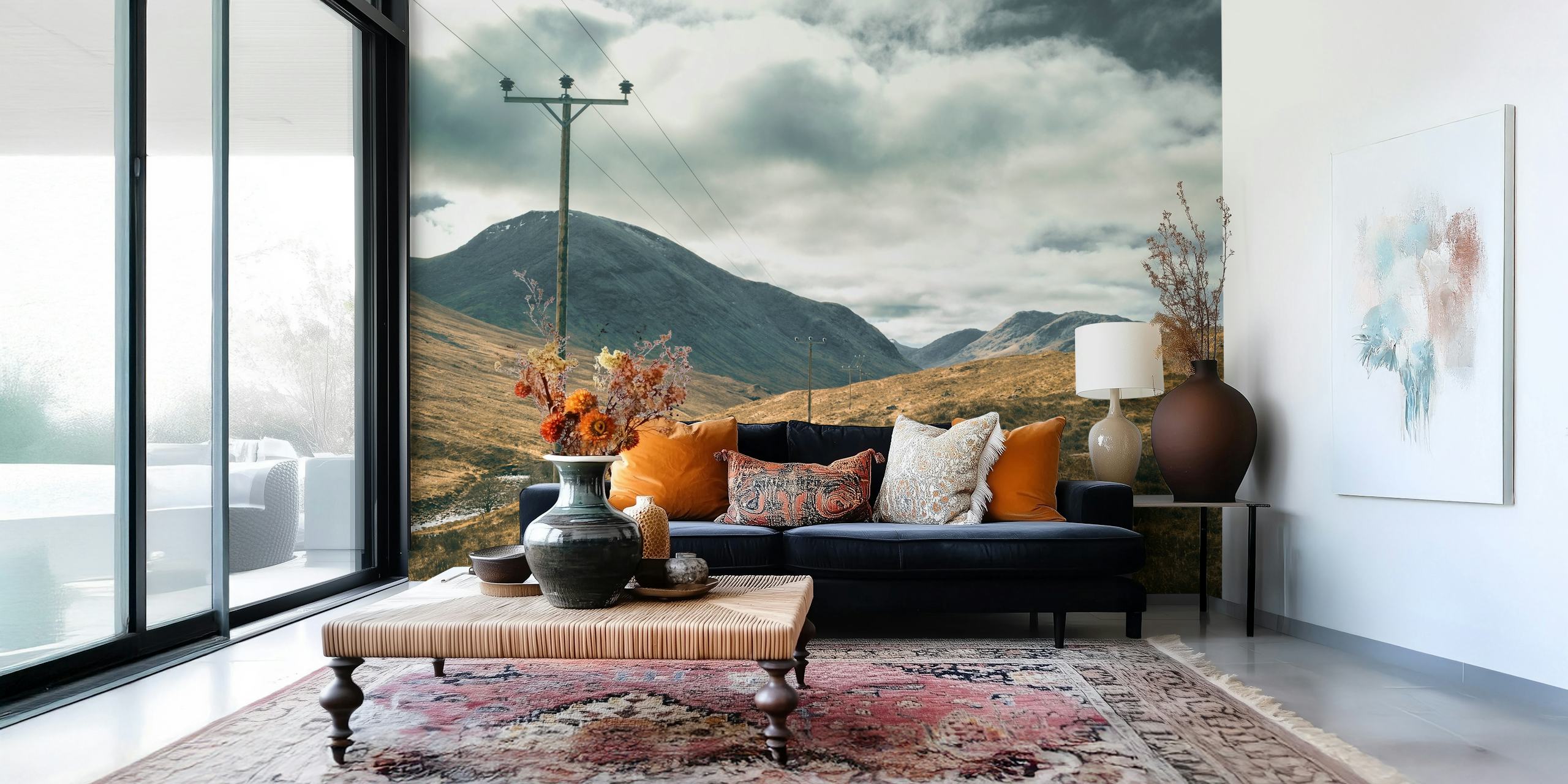 Winding road landscape in Scottish Highlands with gray clouds and mountains wallpaper