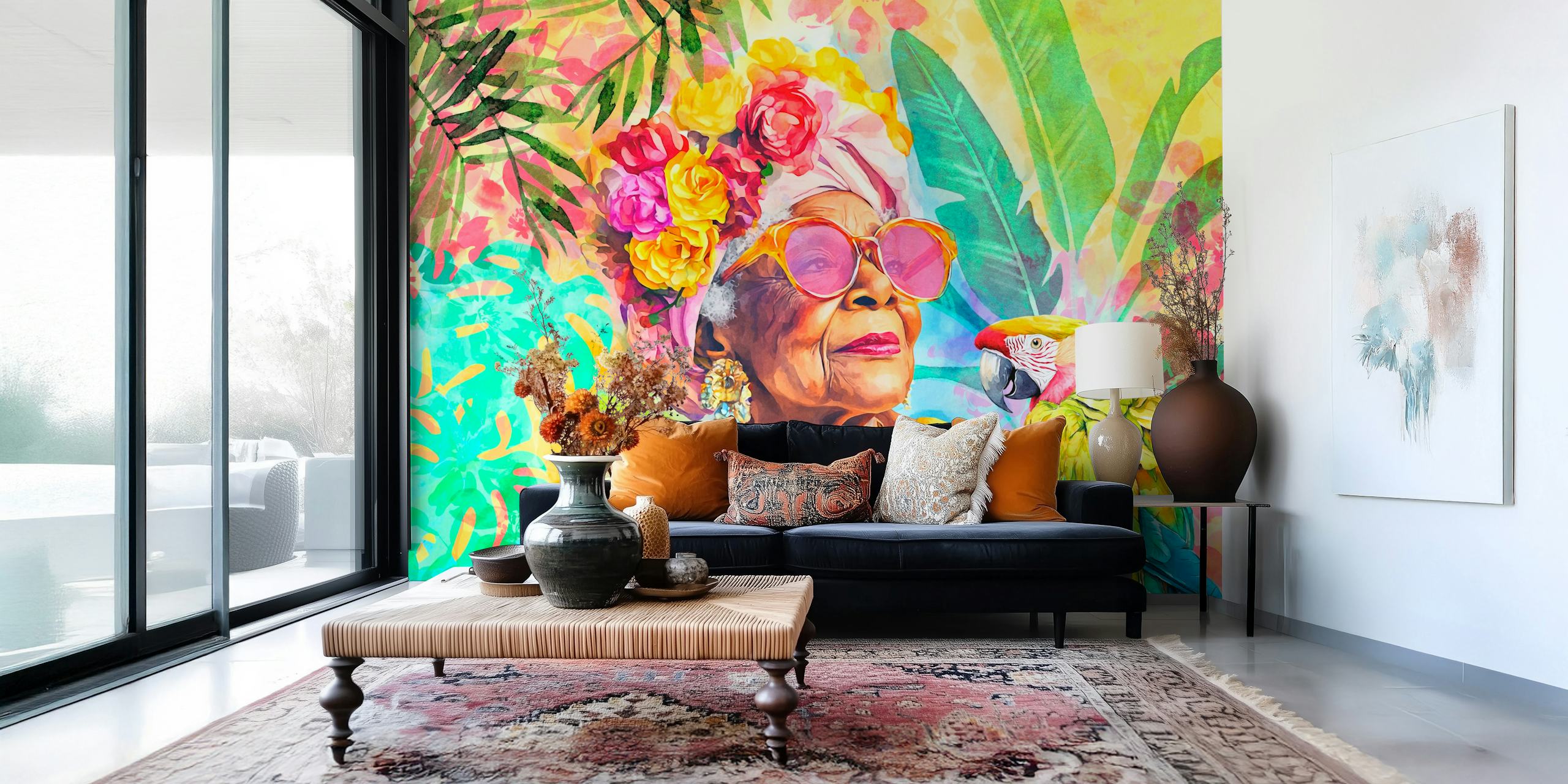 Tropical floral wallpaper featuring a woman with flowers and a parrot