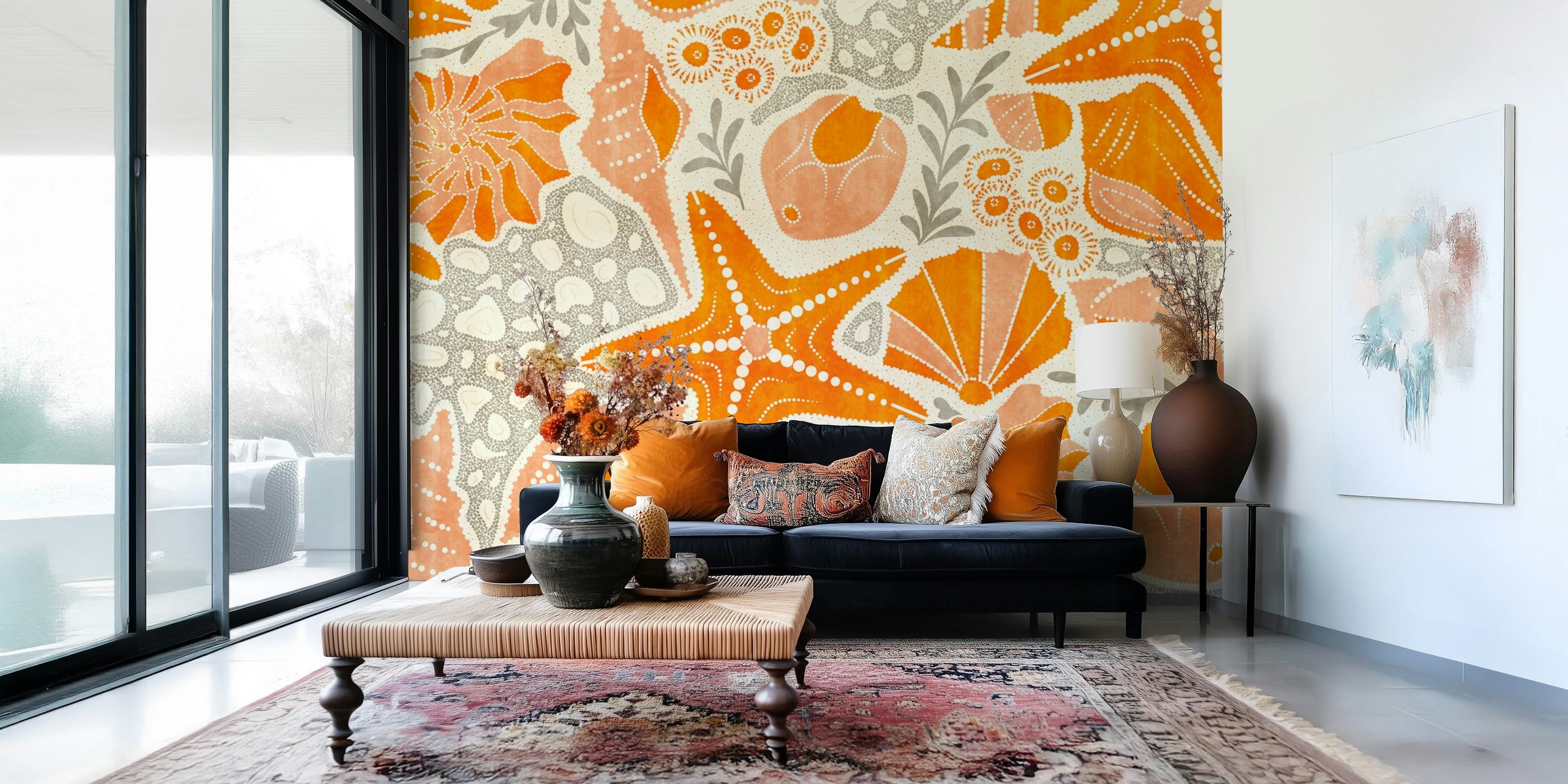 Floral patterns featuring orange shells and starfish wallpaper
