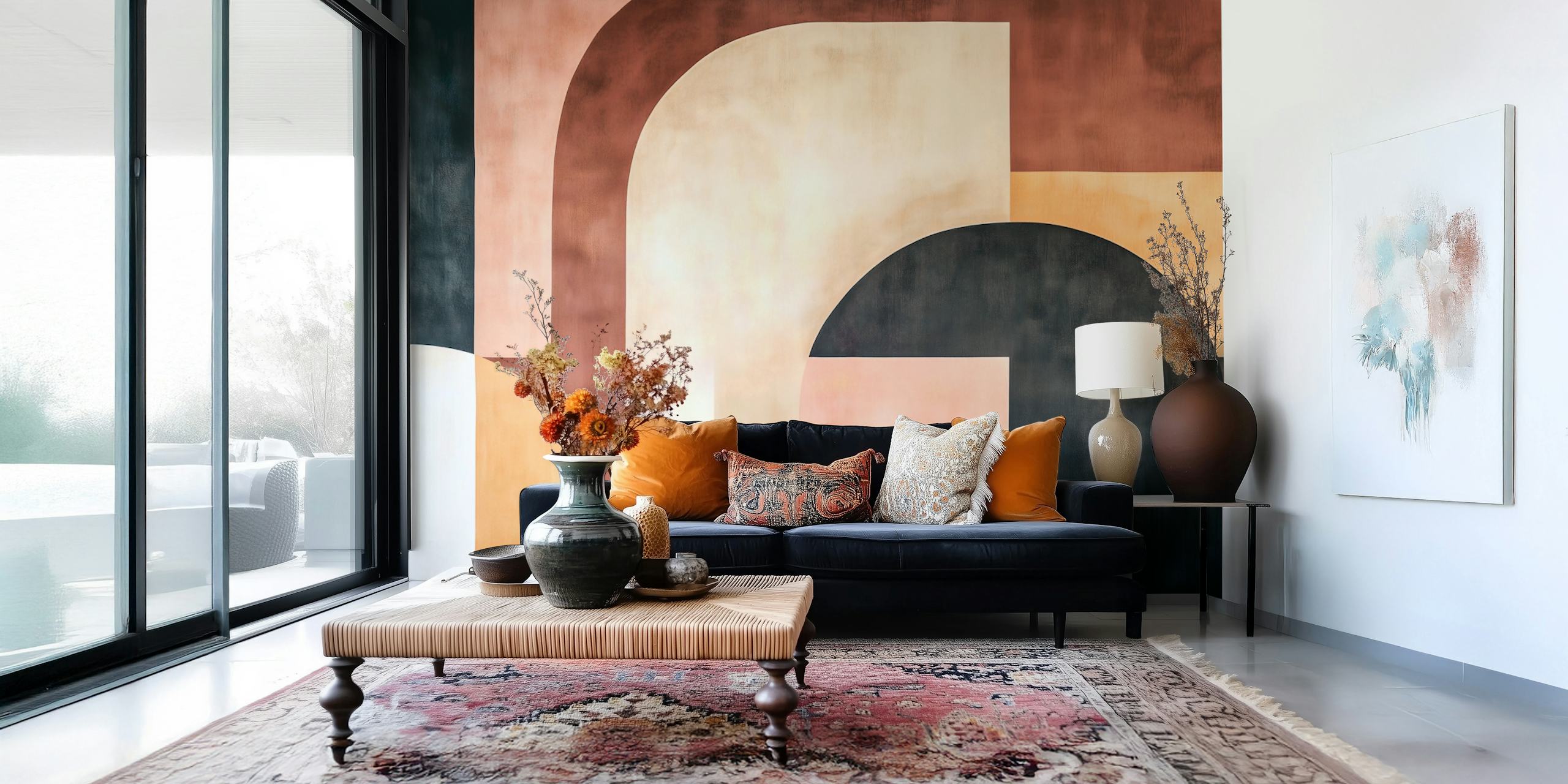 Geometrisch patroon met aardetinten, waaronder bruin en beige, vintage stijl wallpaper